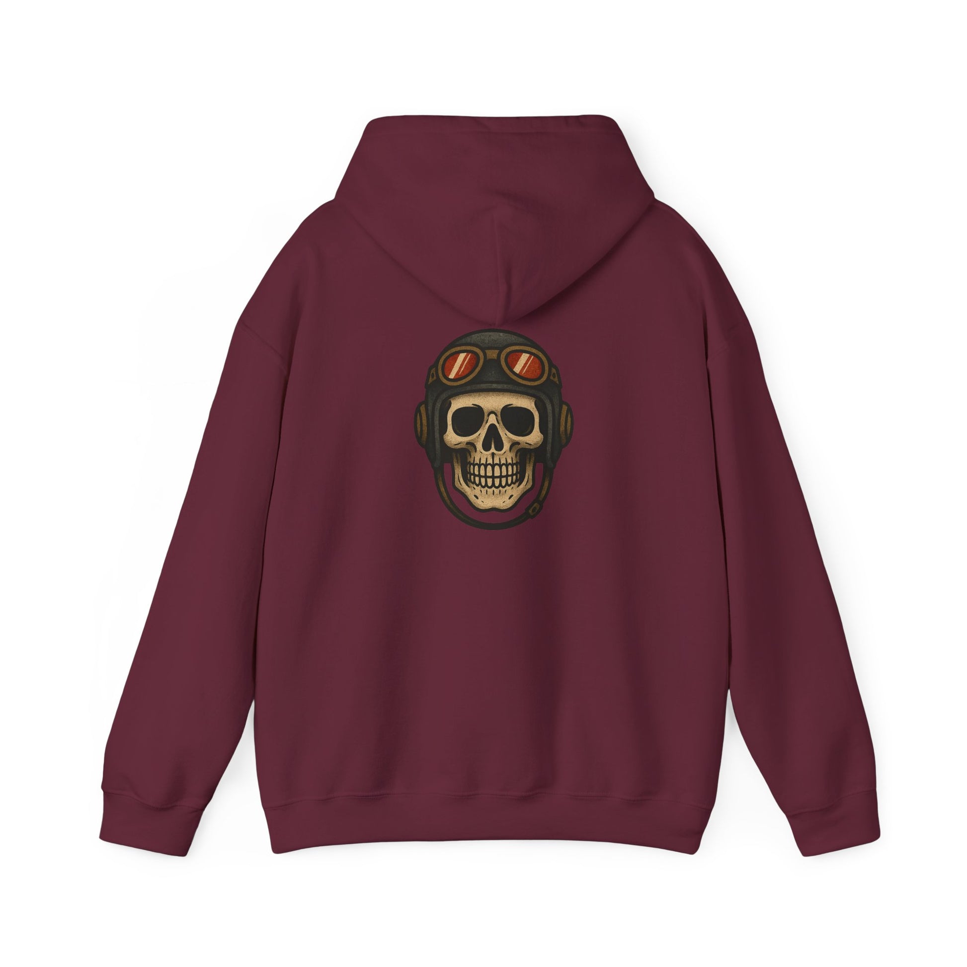 Maroon hoodie with an american traditional style skull wearing a flight helmet on a white background