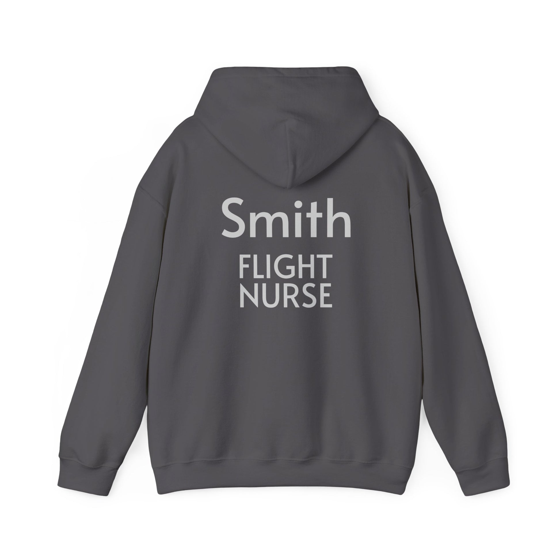 Customizable gray hoodie with 'Smith FLIGHT NURSE' text on the back against a white background