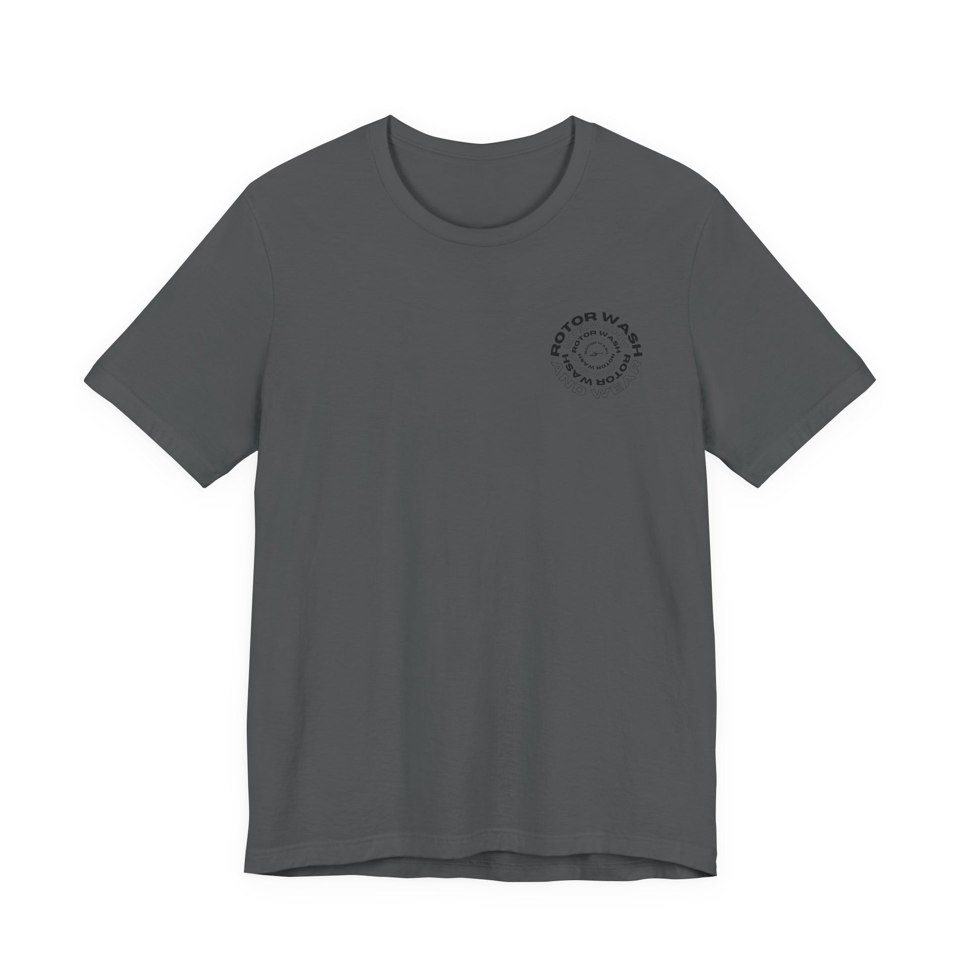 Gray t-shirt with 'Rotor Wash and Wear' circular design text design on the left chest on a white background