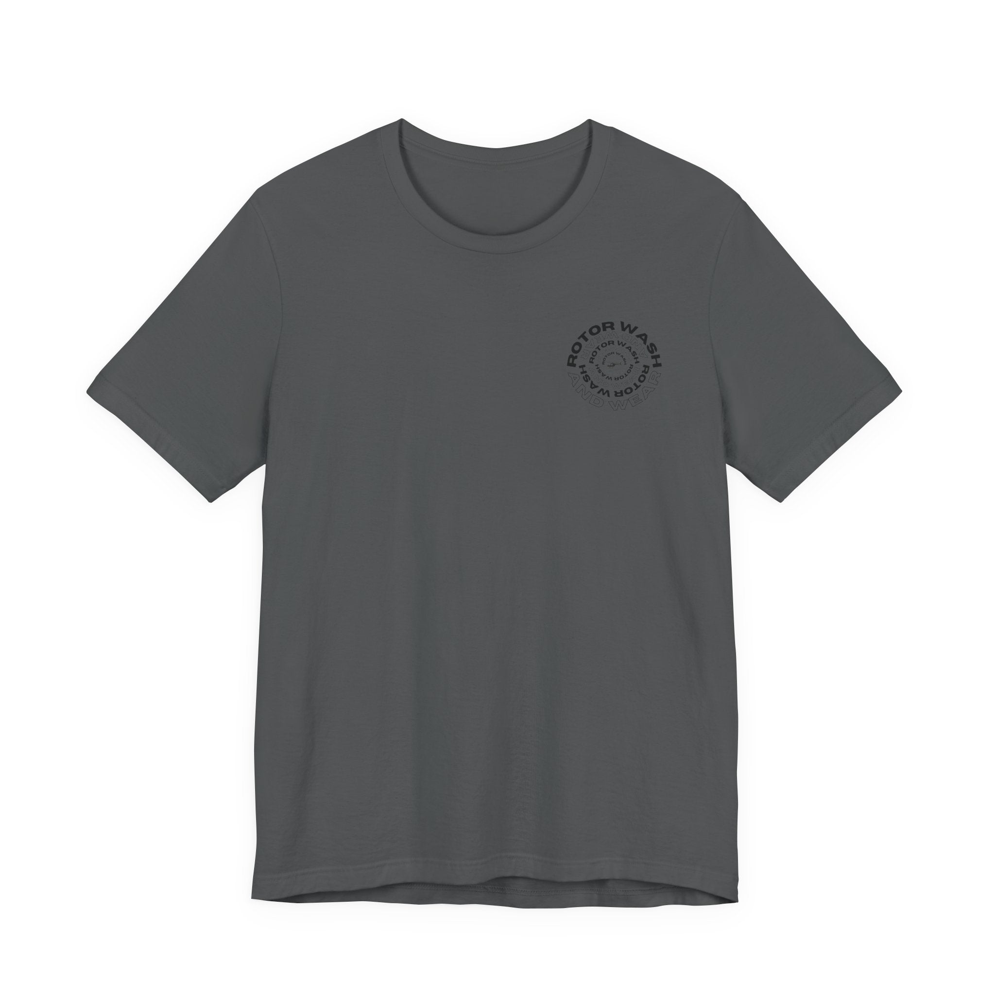 Gray t-shirt with 'Rotor Wash and Wear' circular design text design on the left chest on a white background