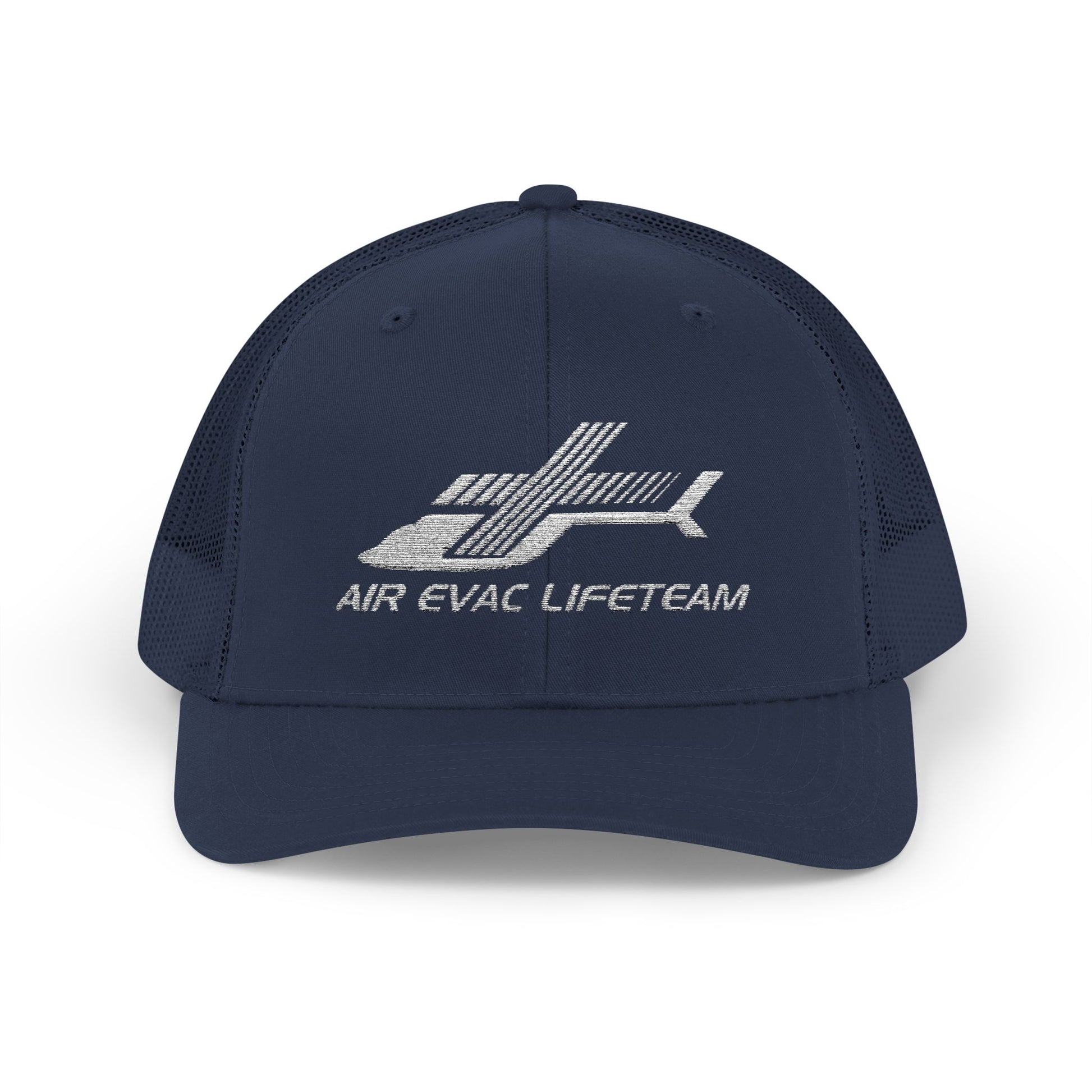 Navy blue trucker hat with 'Air Evac Lifeteam' embroidered logo on a white background