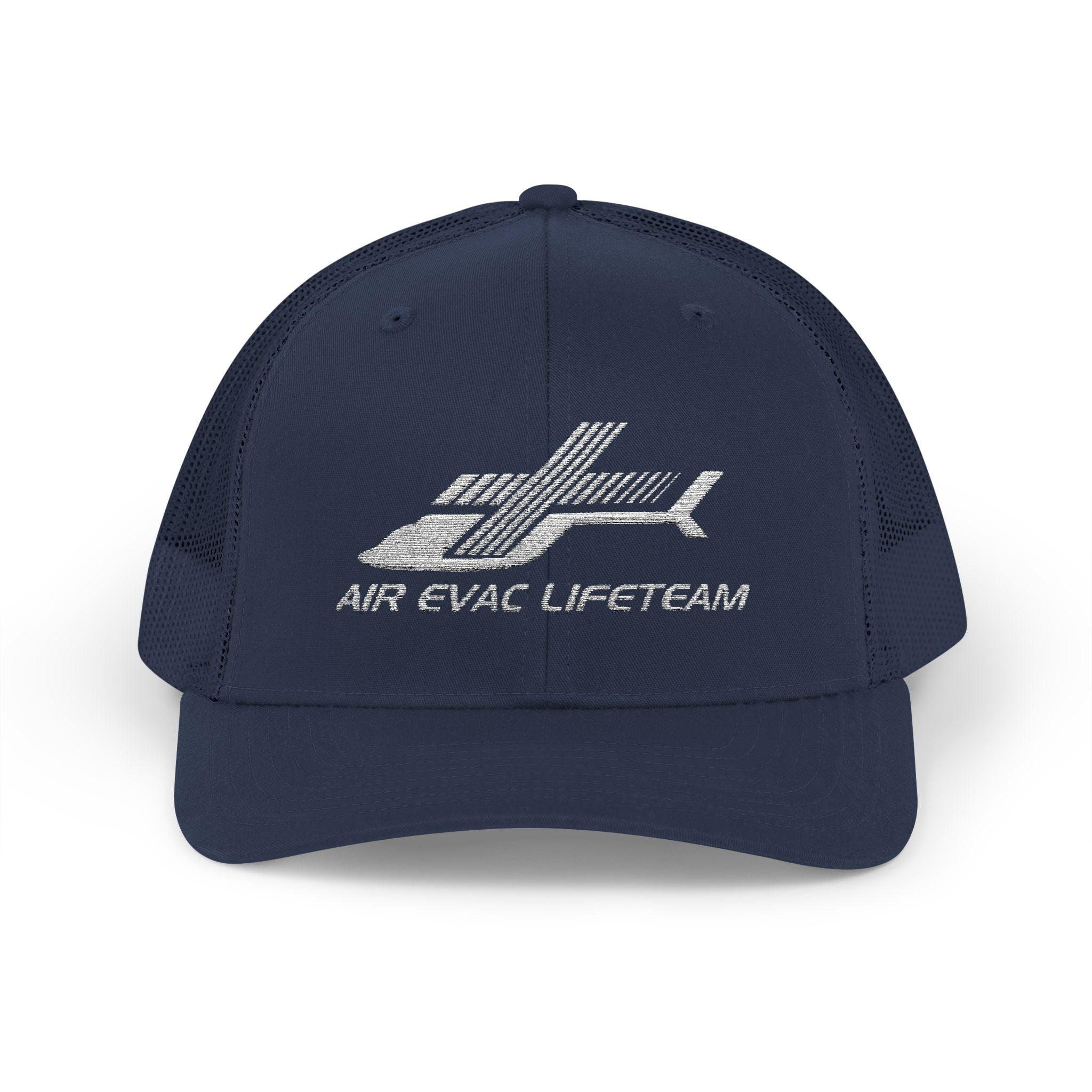 Navy blue trucker hat with 'Air Evac Lifeteam' embroidered logo on a white background