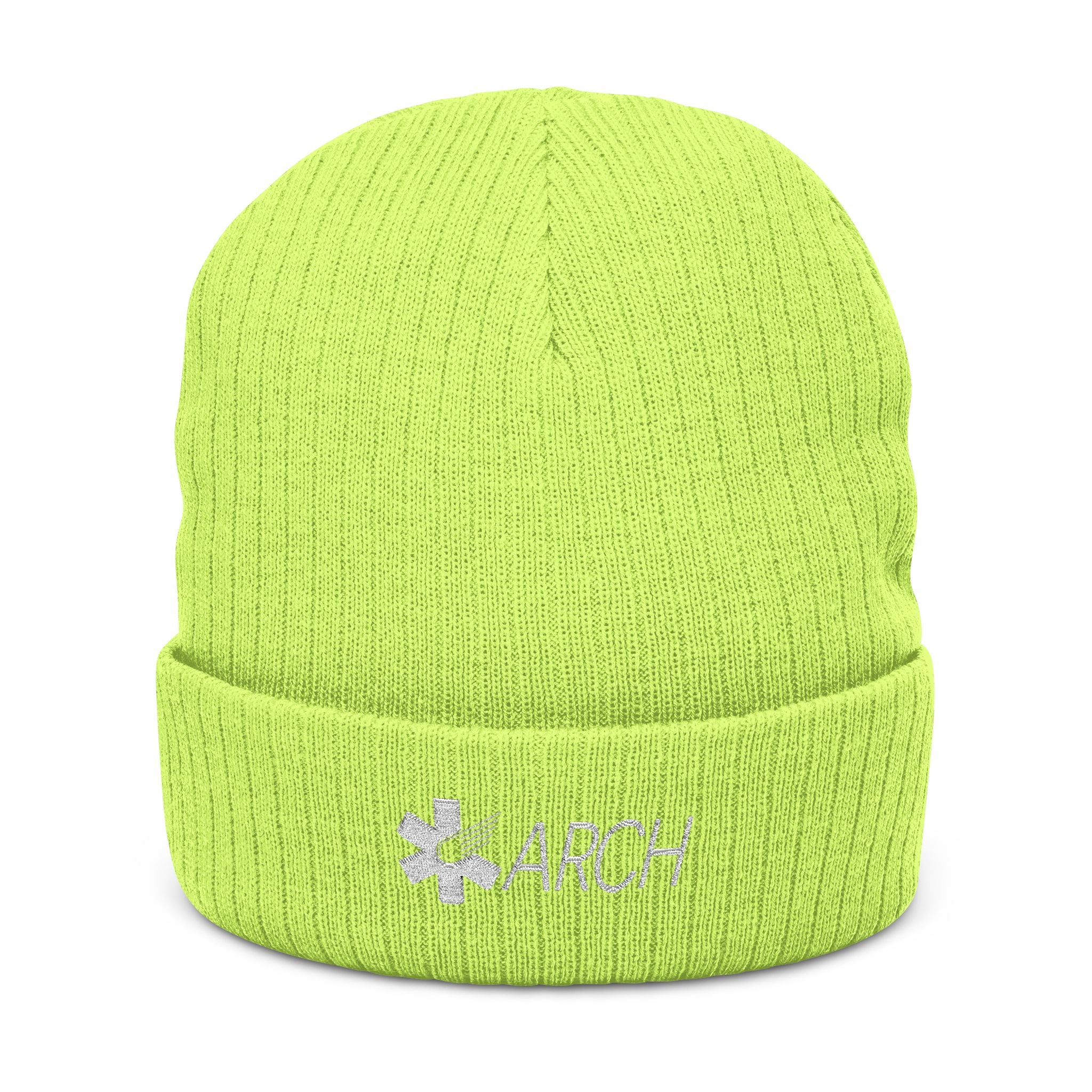 Neon green knit beanie with embroidered 'ARCH' logo by Rotor Wash & Wear