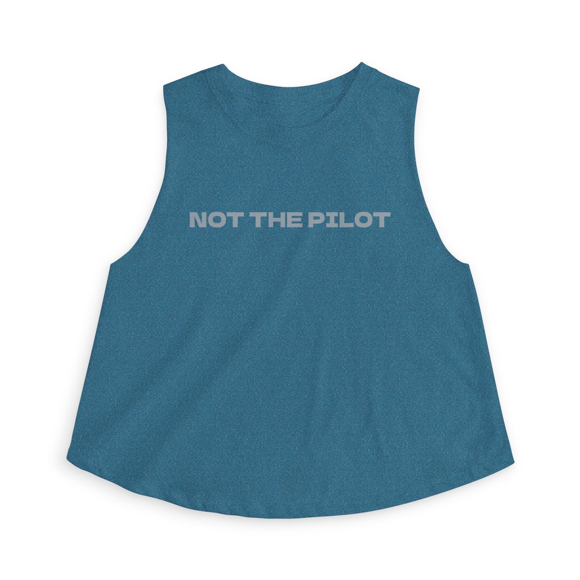 Blue sleeveless shirt with 'NOT THE PILOT' text by Rotor Wash & Wear