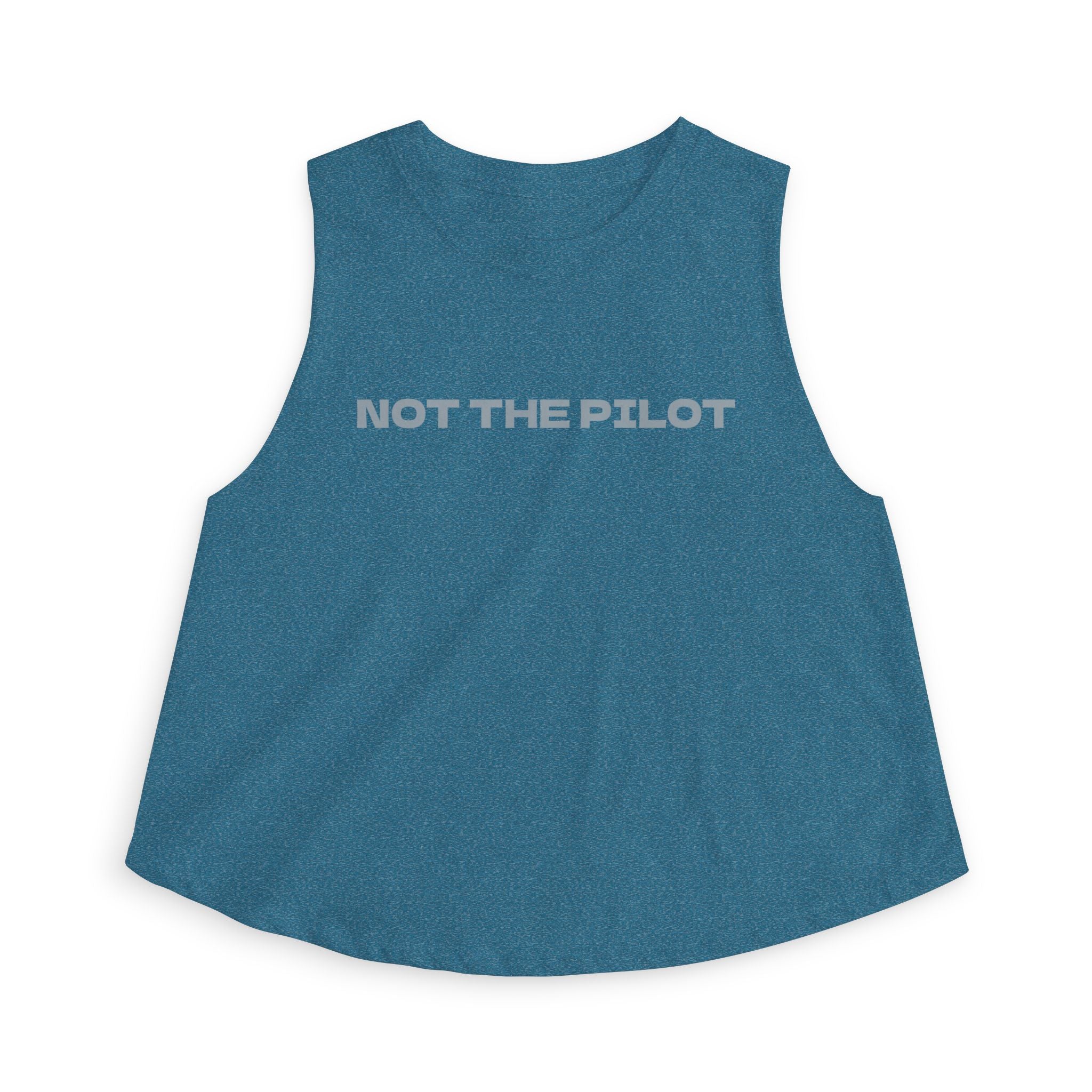 Blue sleeveless shirt with 'NOT THE PILOT' text by Rotor Wash & Wear