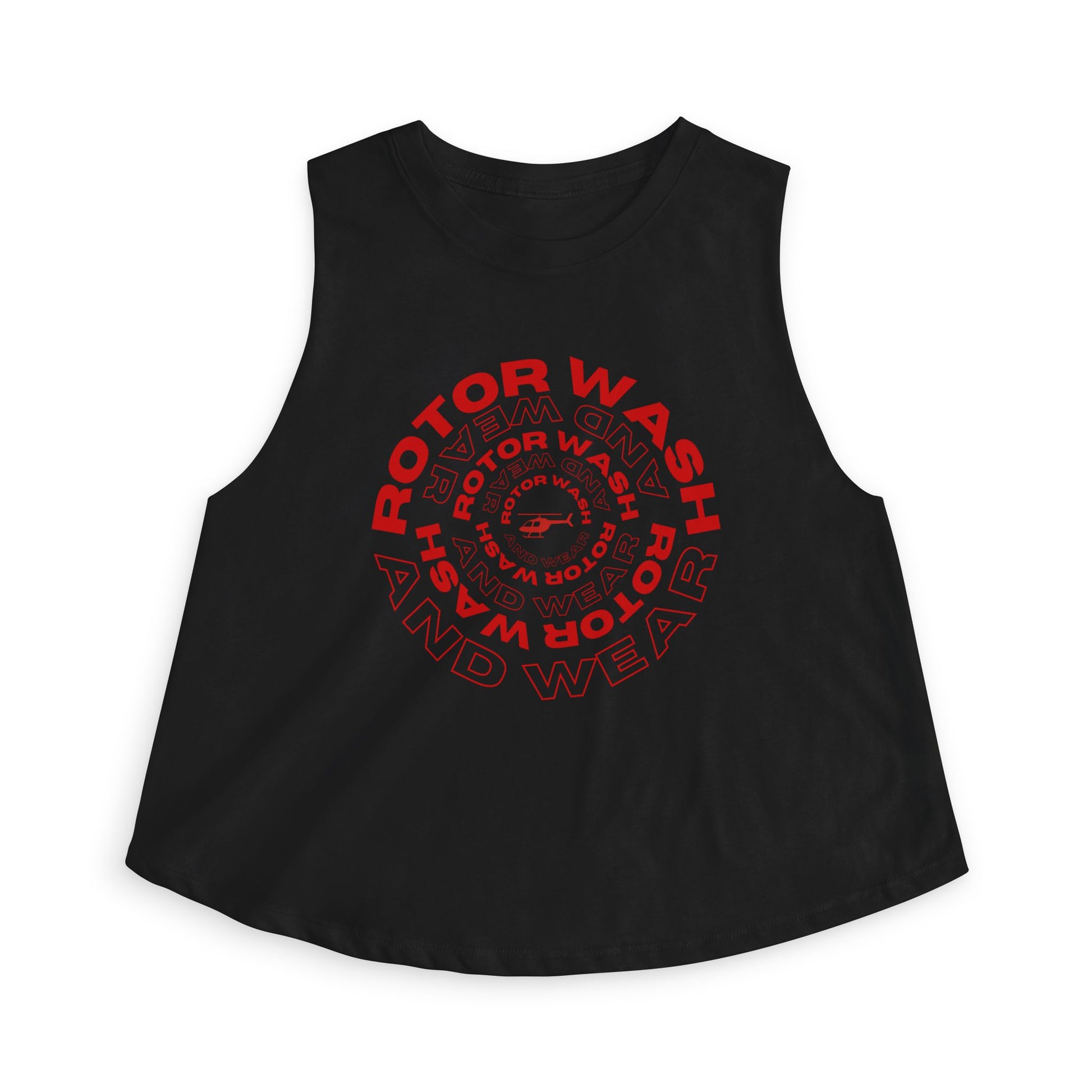 Black tank top with 'Rotor Wash & Wear' circle logo design on a white background