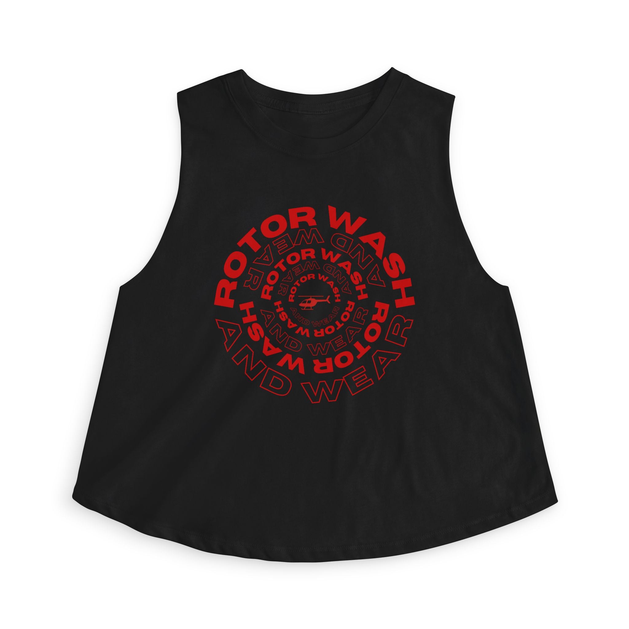 Black tank top with 'Rotor Wash & Wear' circle logo design on a white background