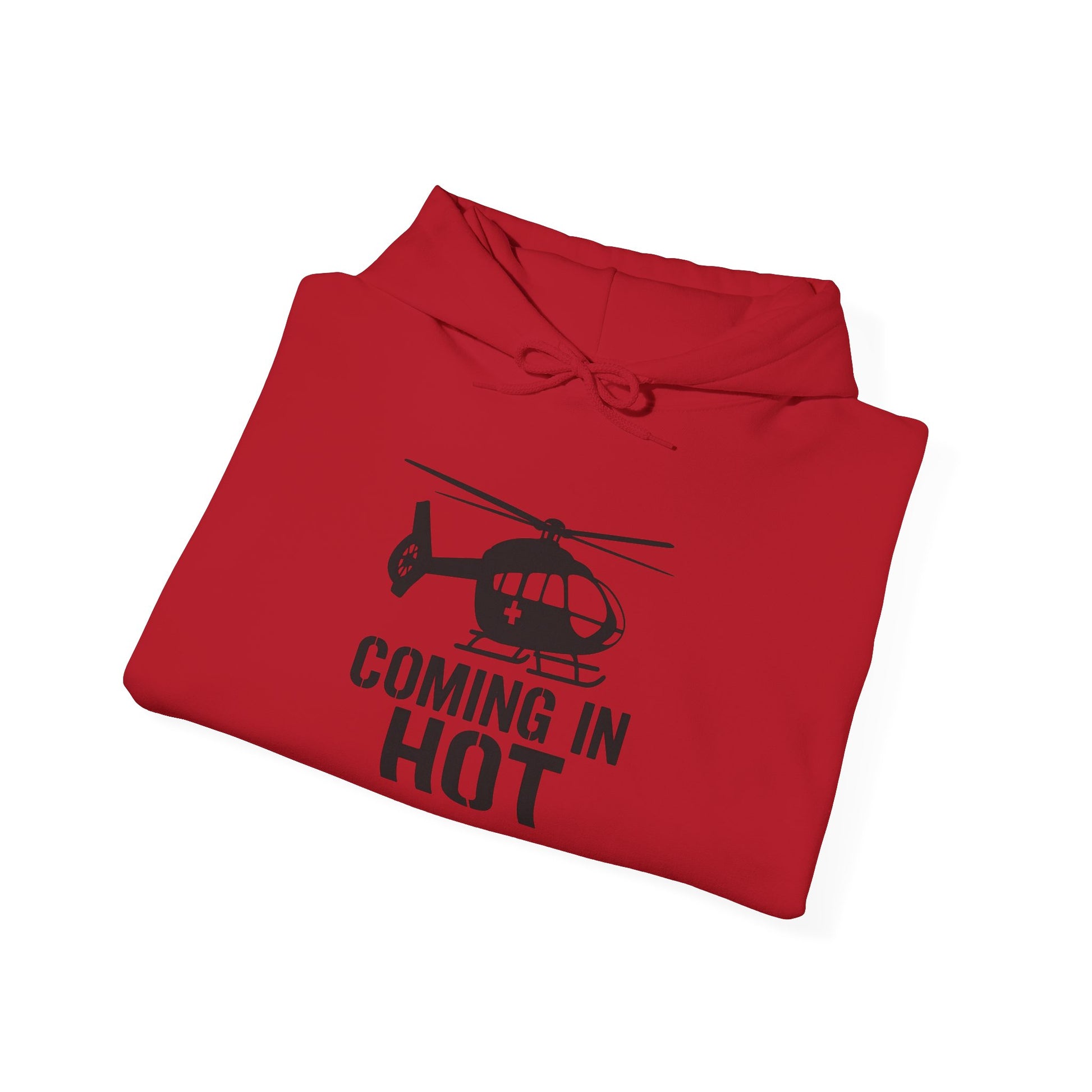 Folded red hoodie with helicopter graphic and 'Coming in Hot' text on a white background