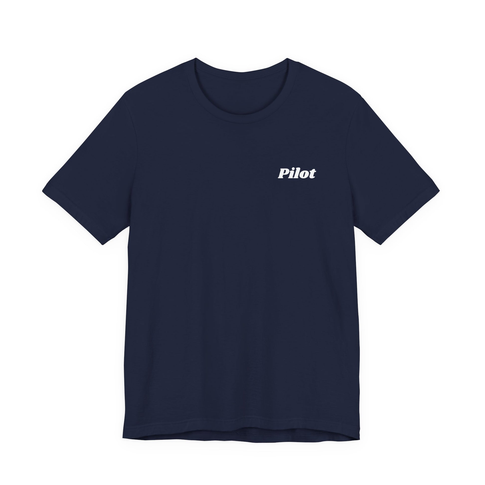 Navy blue t-shirt with 'Pilot' text on a white background