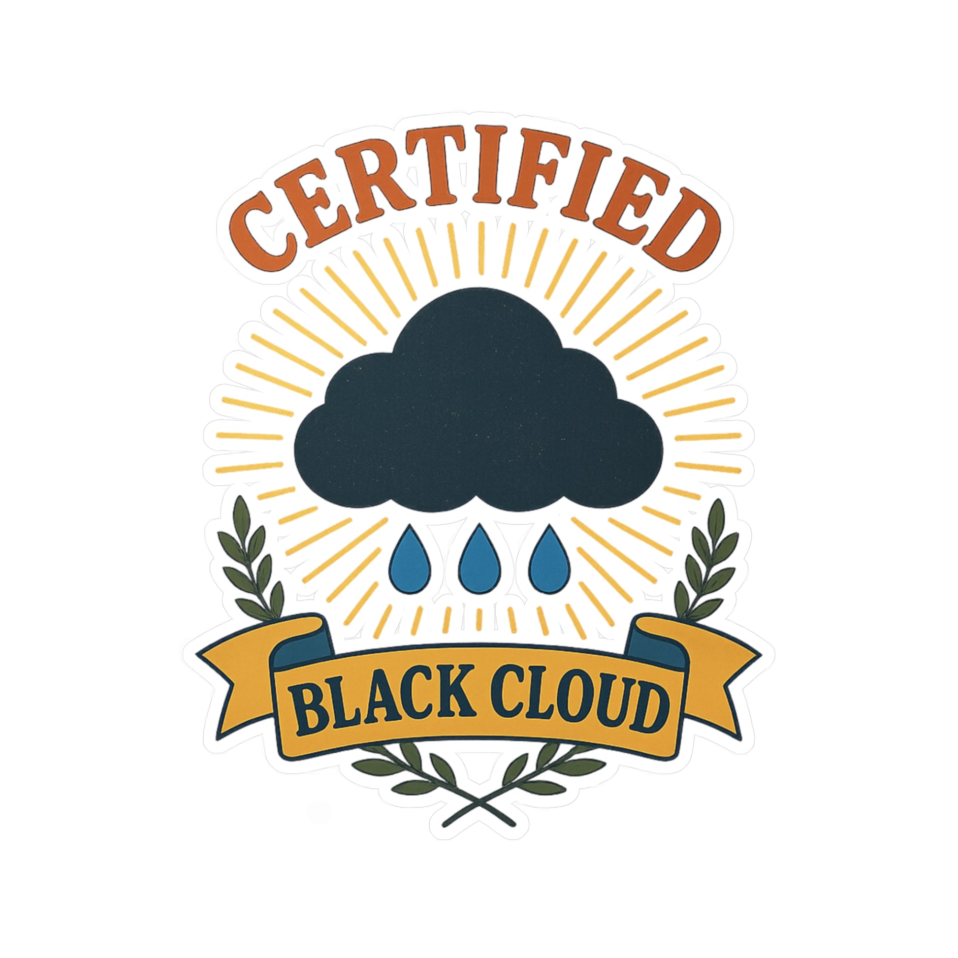 Sticker with a black cloud, raindrops, and 'Certified Black Cloud' text on a white background