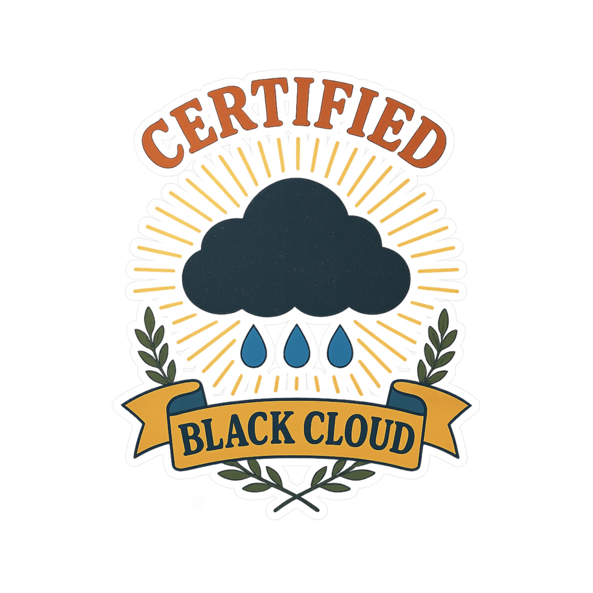 Sticker with a black cloud, raindrops, and 'Certified Black Cloud' text on a white background