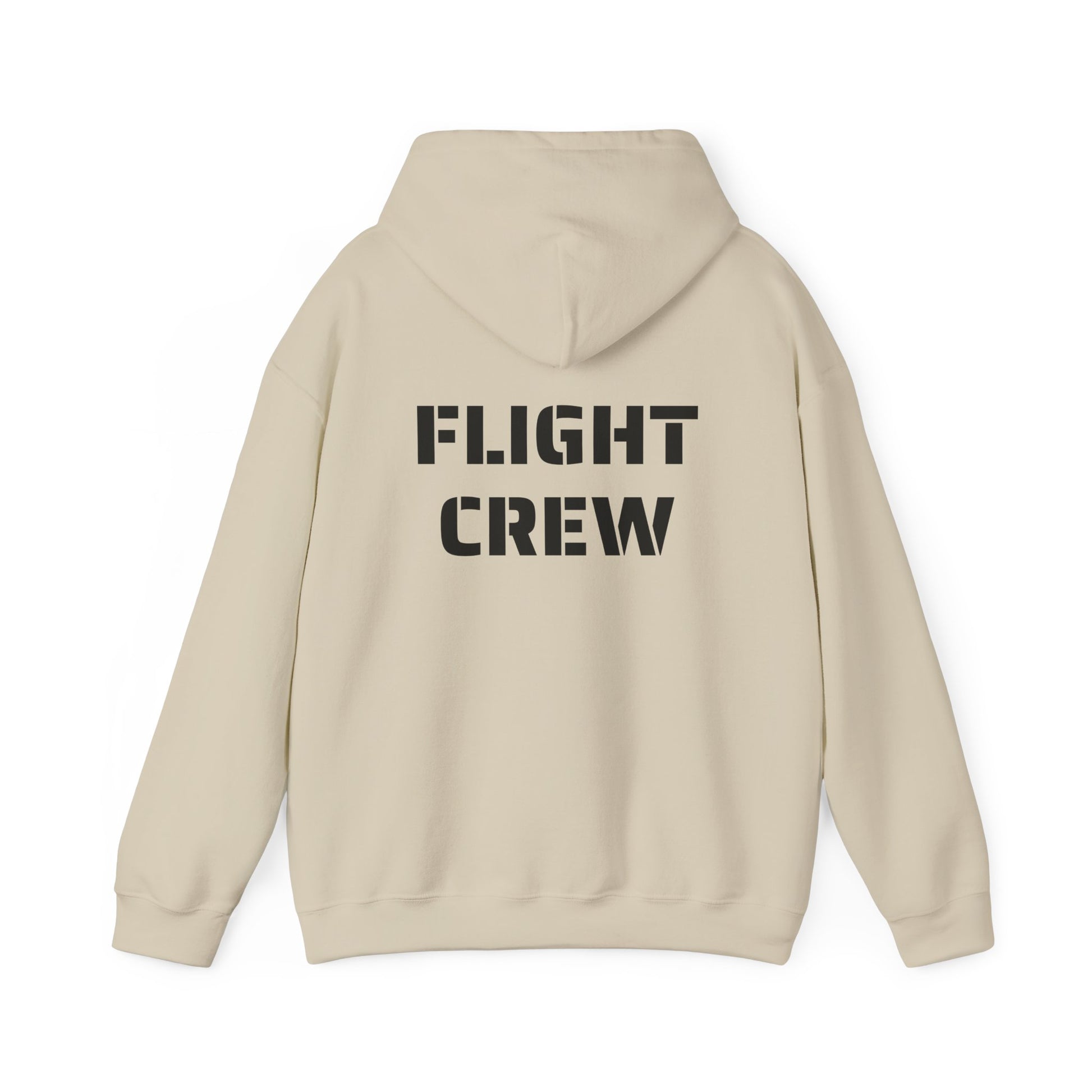 Beige hoodie with 'FLIGHT CREW' text on the back against a white background