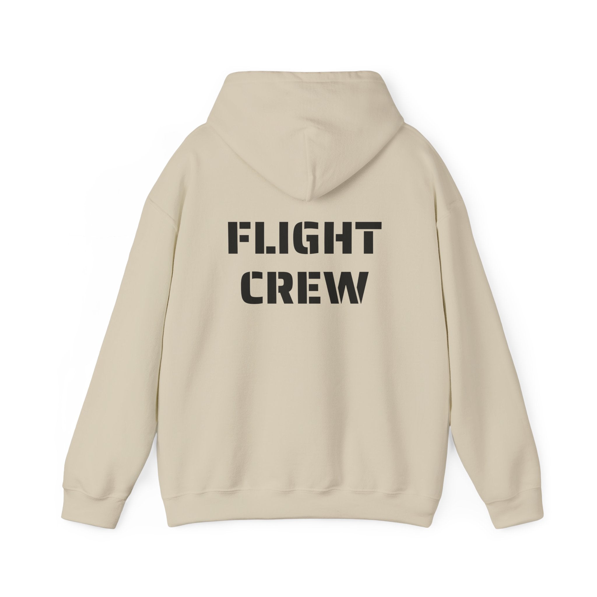 Beige hoodie with 'FLIGHT CREW' text on the back against a white background