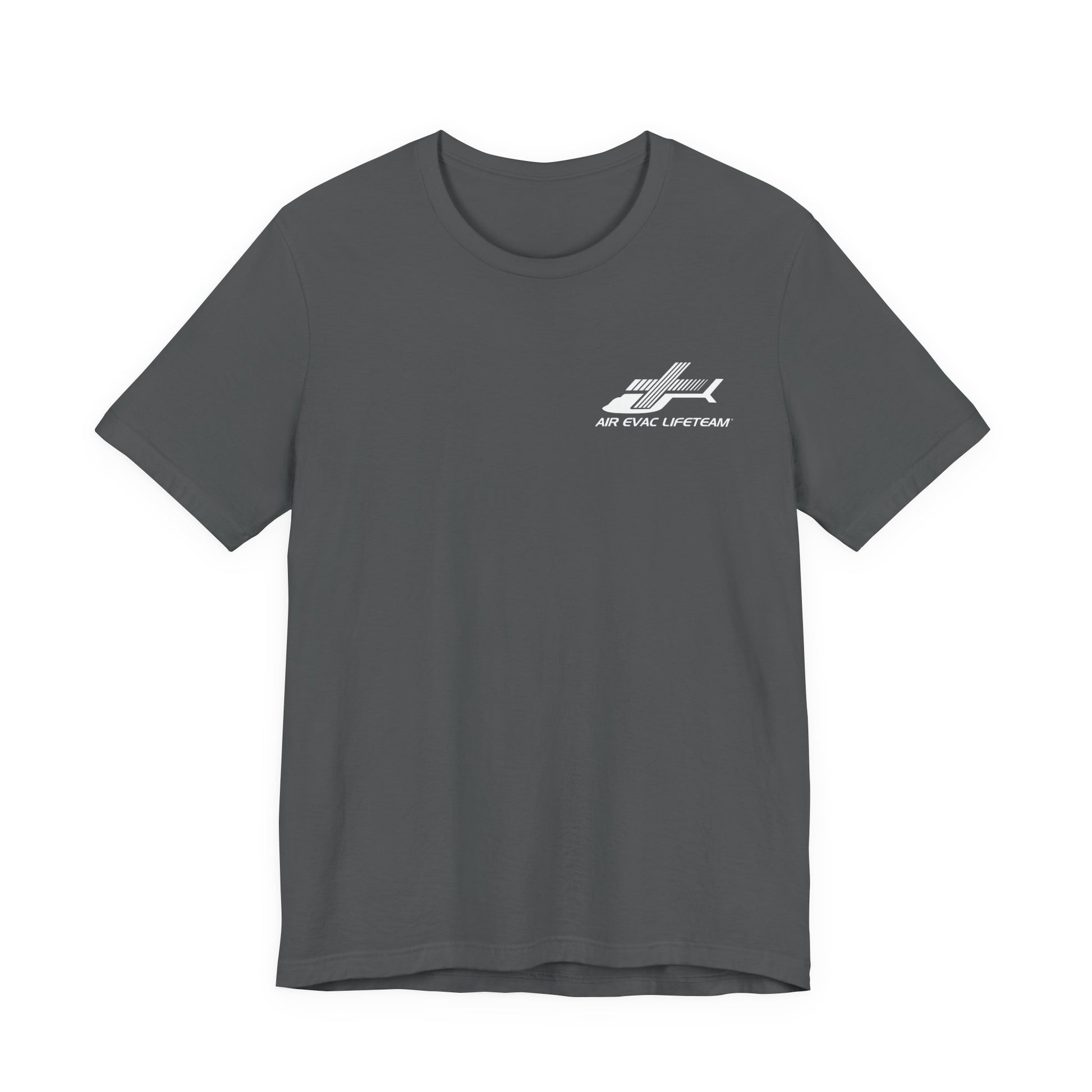 Gray t-shirt with a white Air Evac Lifeteam logo on a white background