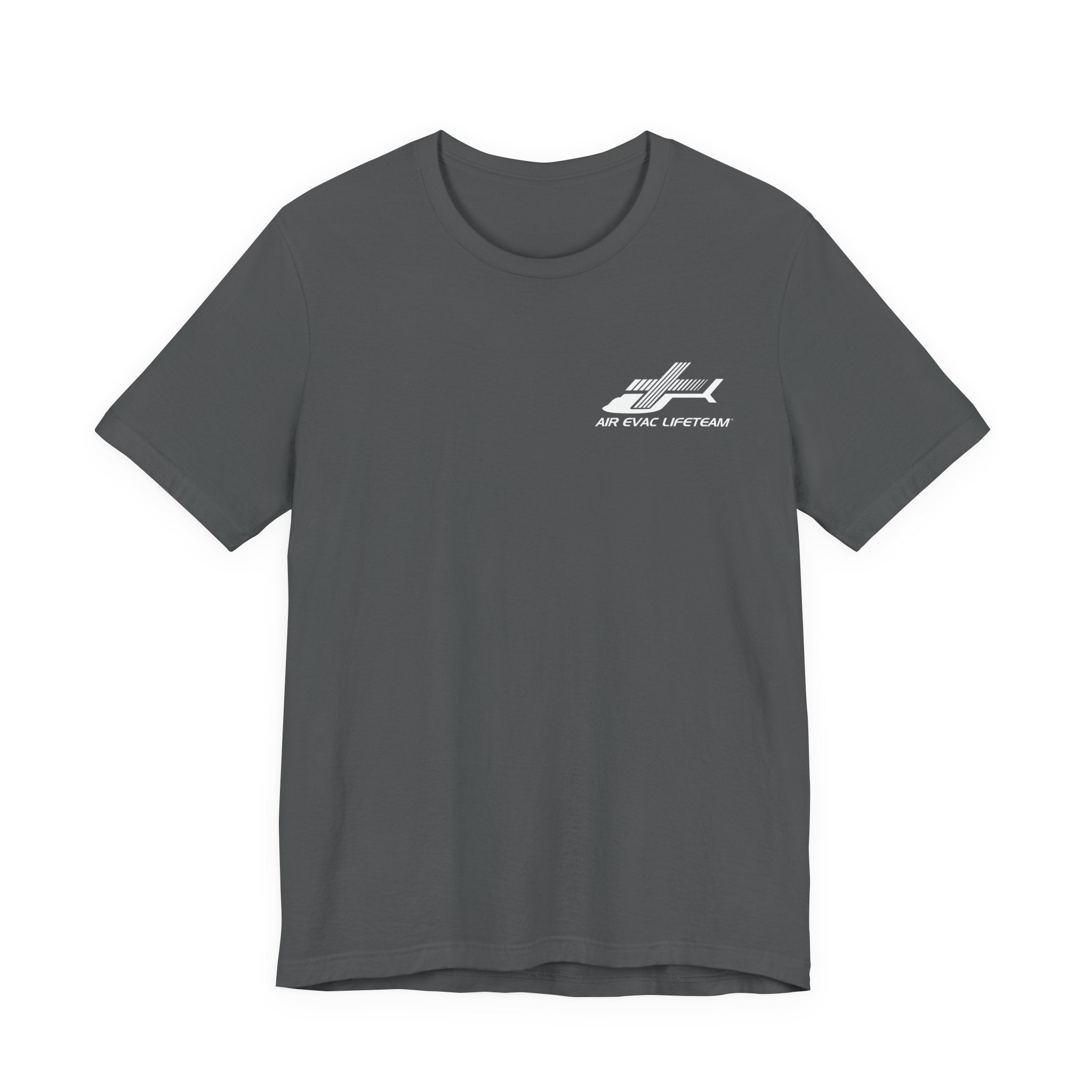 Gray t-shirt with a white Air Evac Lifeteam logo on a white background