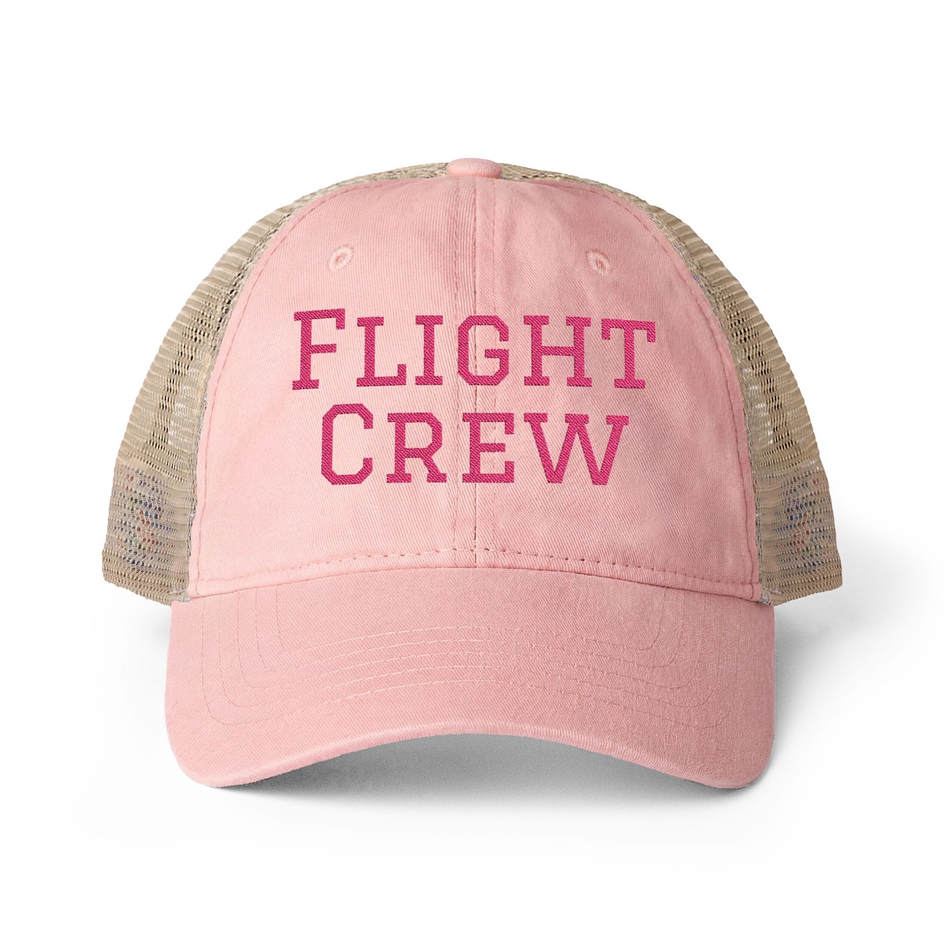 Pink and tan women's trucker hat with 'Flight Crew' embroidery in dark pink by Rotor Wash & Wear