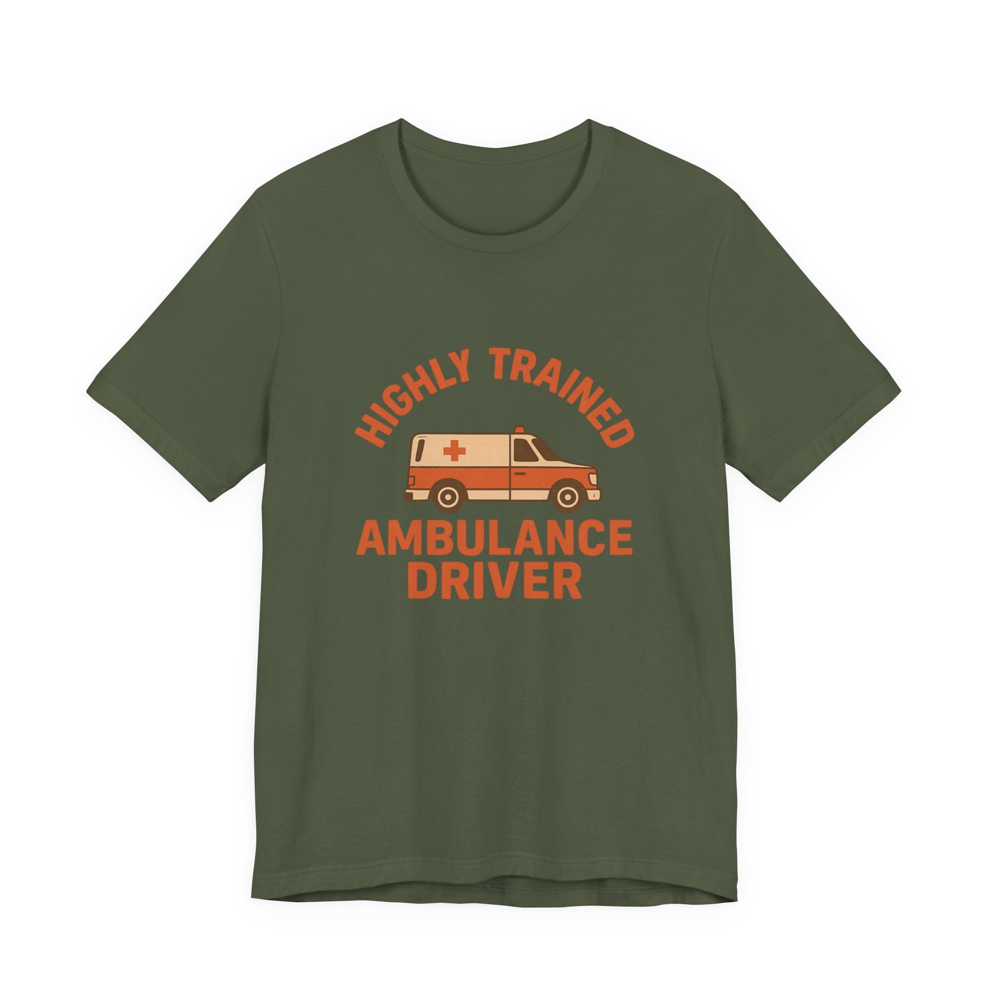 Green t-shirt with 'Highly Trained Ambulance Driver' text and ambulance graphic on a white background