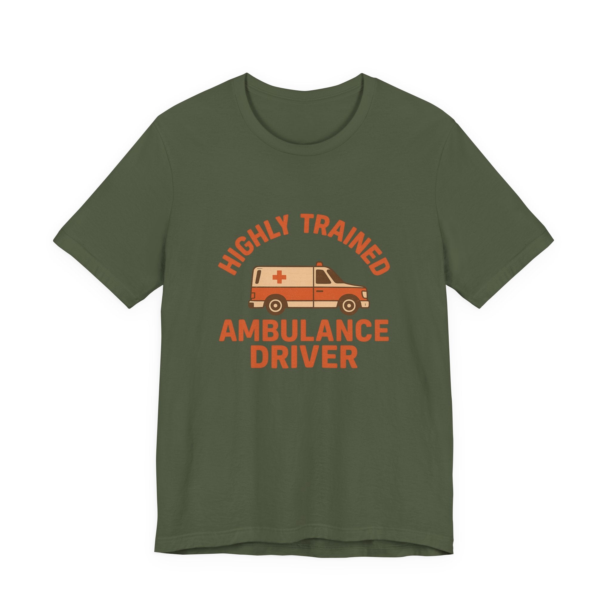 Green t-shirt with 'Highly Trained Ambulance Driver' text and ambulance graphic on a white background