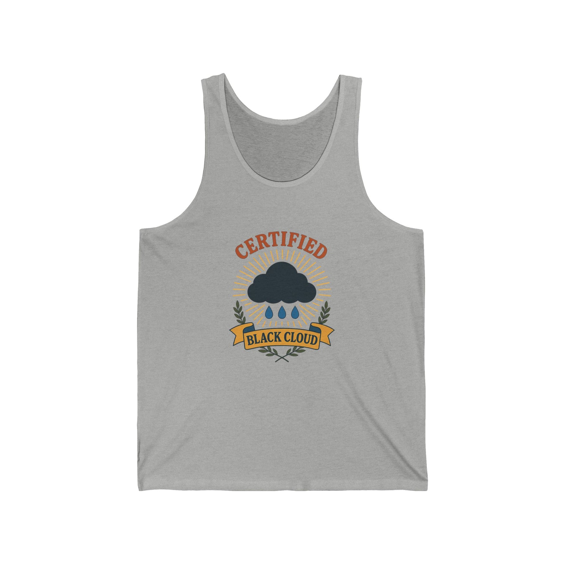 Gray tank top with a graphic design of an award with a black cloud and text "Certified Black Cloud" on a white background