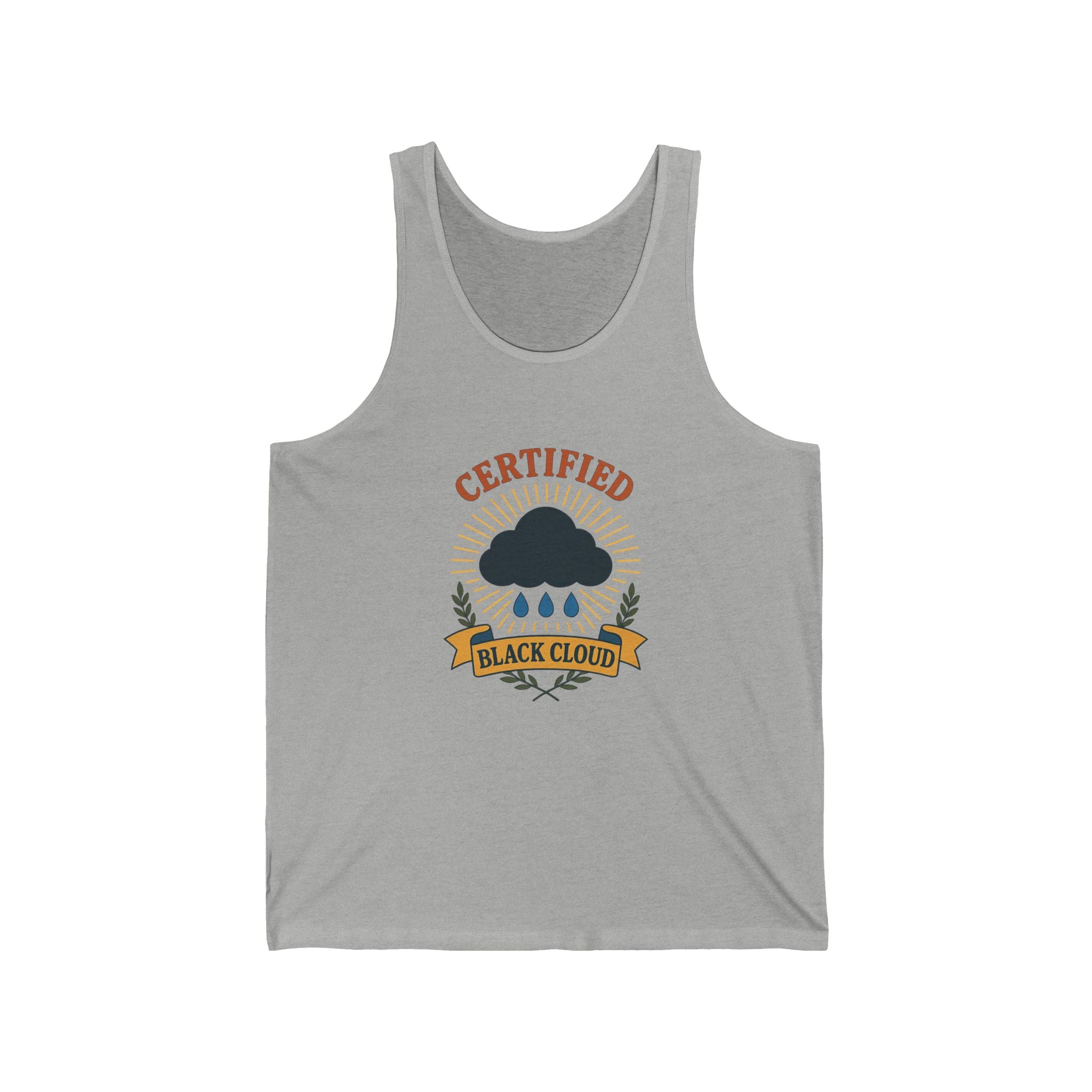 Gray tank top with a graphic design of an award with a black cloud and text "Certified Black Cloud" on a white background