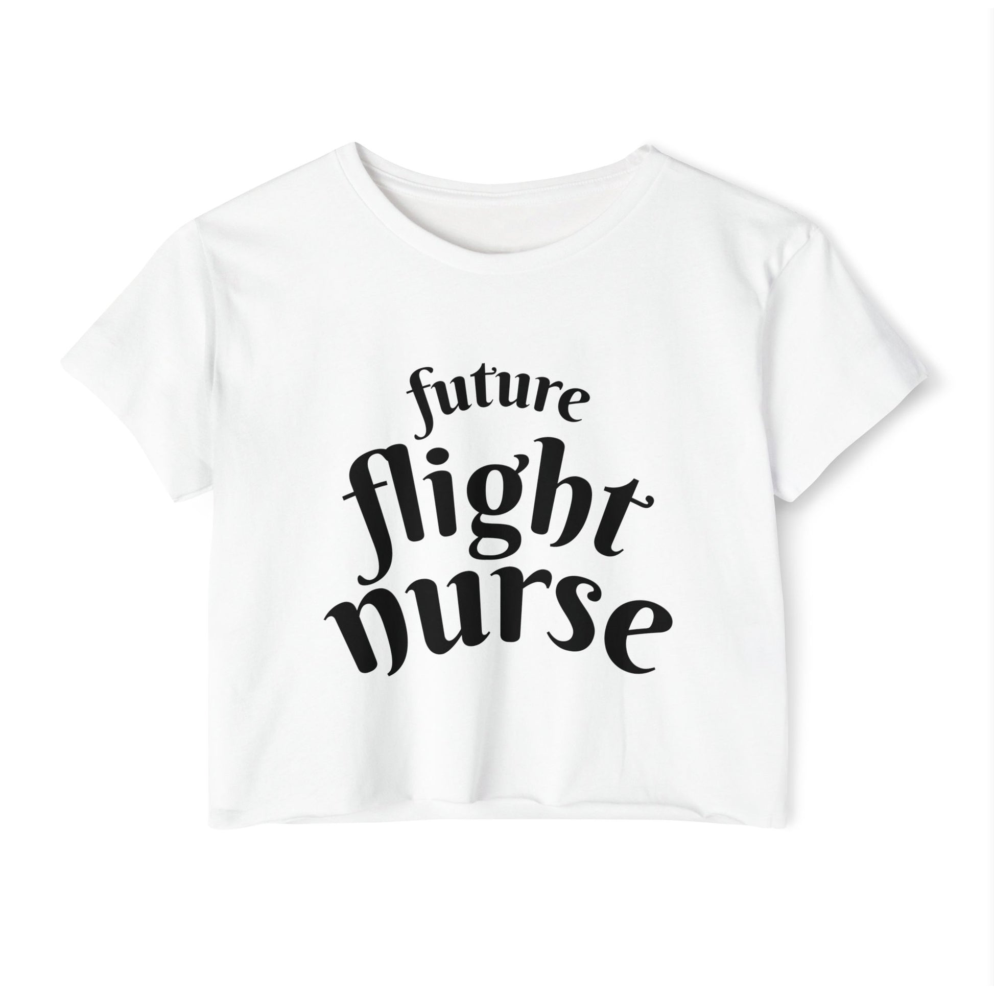 White crop top with 'future flight nurse' text on a white background