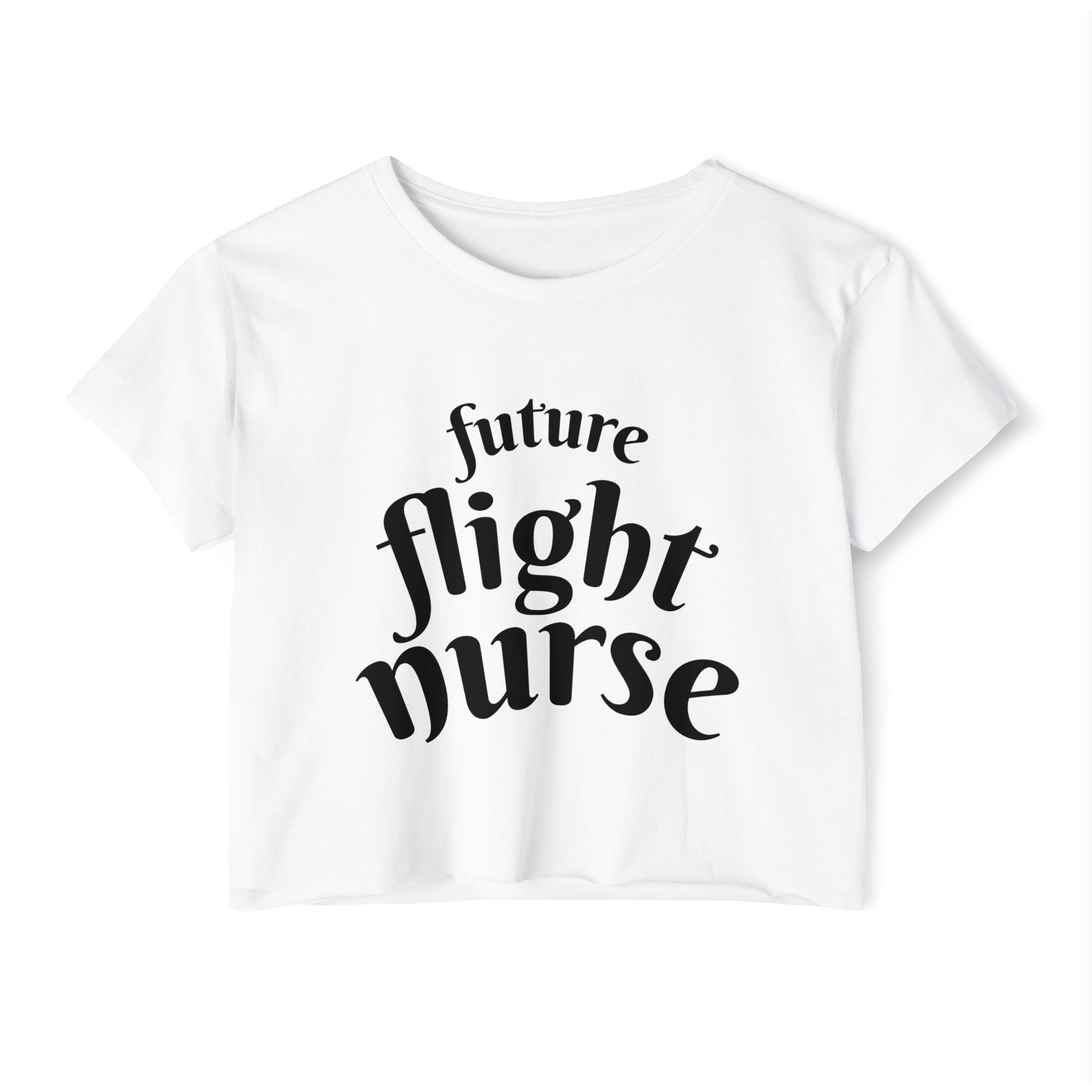 White crop top with &#39;future flight nurse&#39; text on a white background
