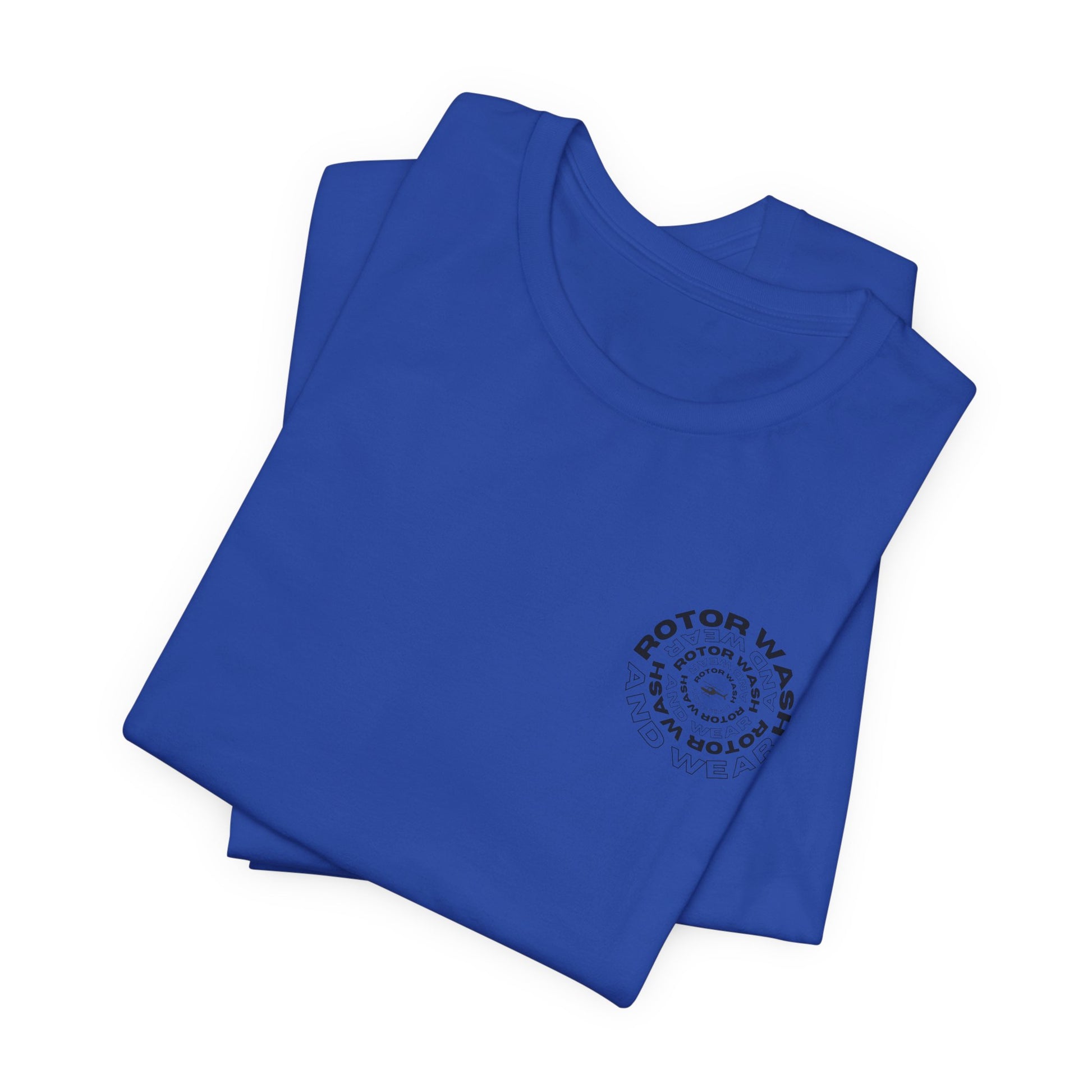 Folded blue t-shirt with 'Rotor Wash and Wear' circular design text design on the left chest on a white background
