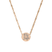 Rose gold necklace with 'Fly Safe' pendant on a white background