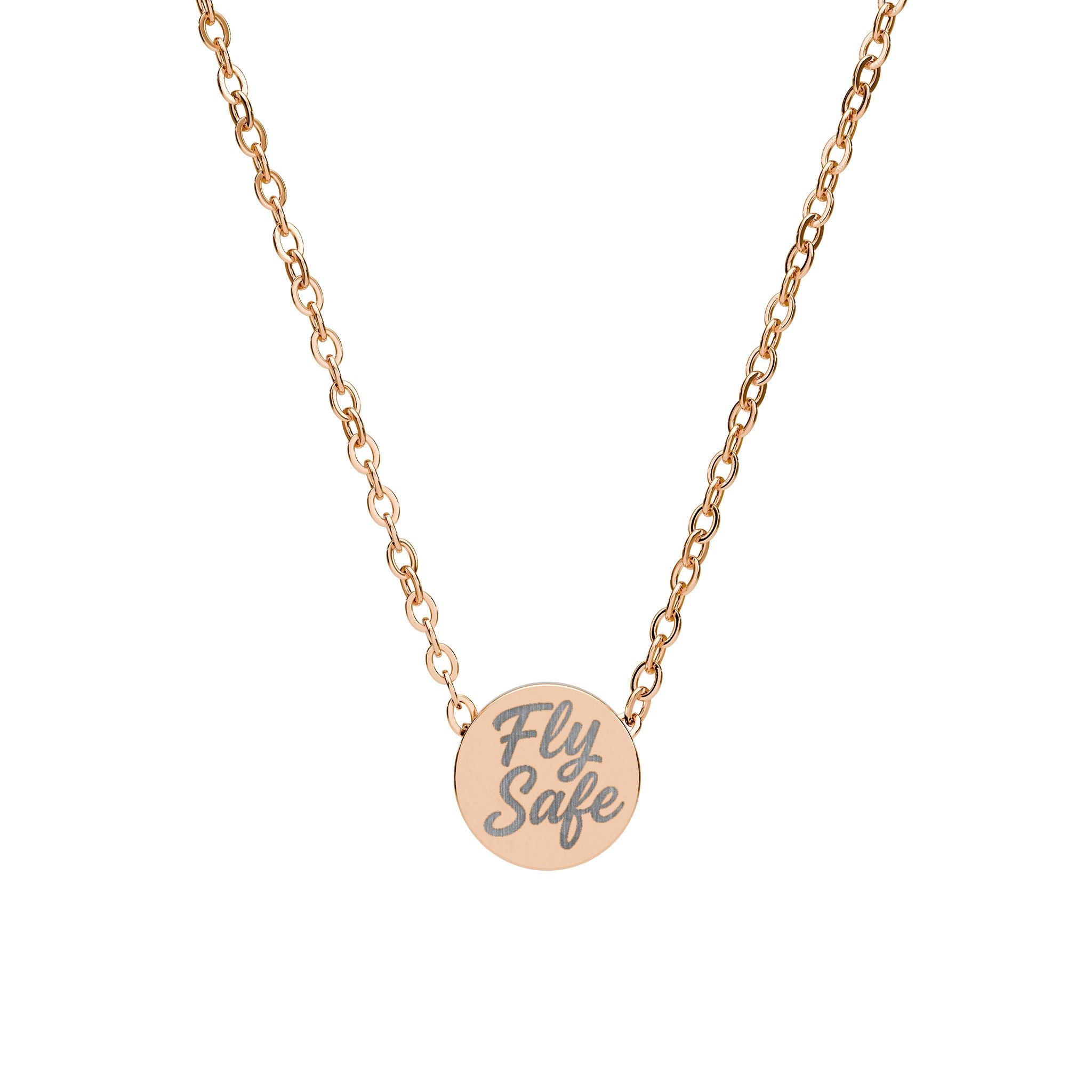 Rose gold necklace with 'Fly Safe' pendant on a white background