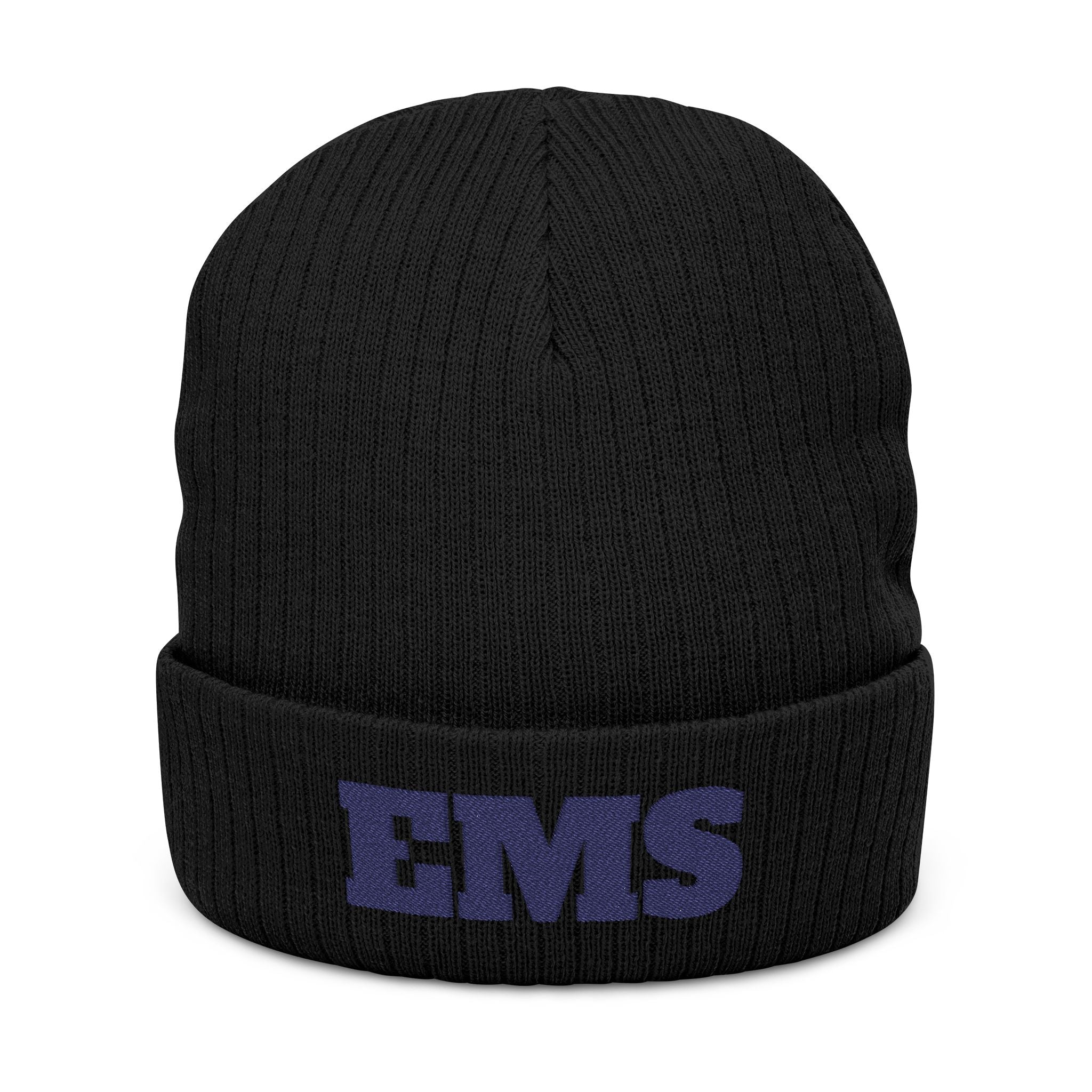 Black beanie with 'EMS' embroidery on a white background