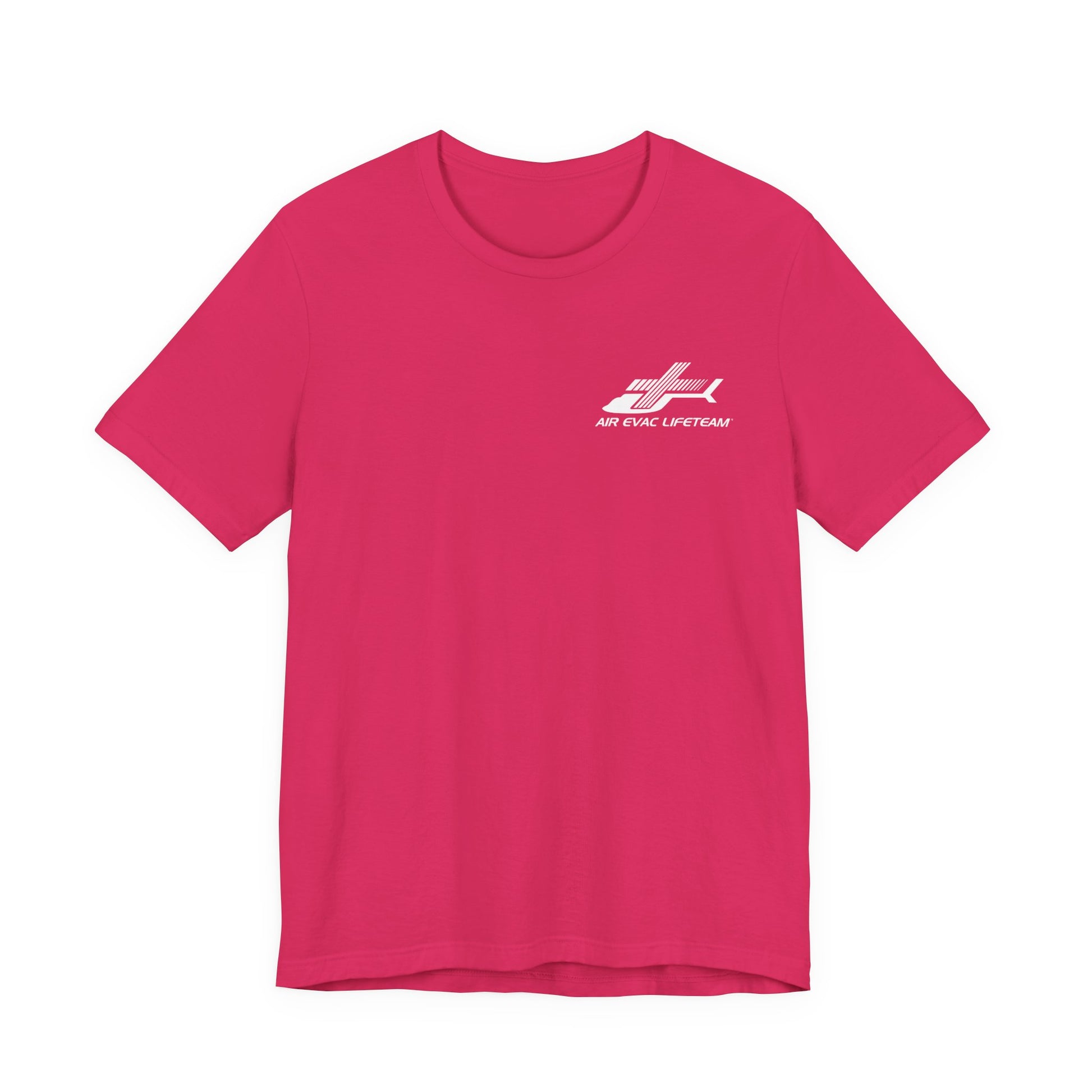 Pink t-shirt with a white Air Evac Lifeteam logo on a white background