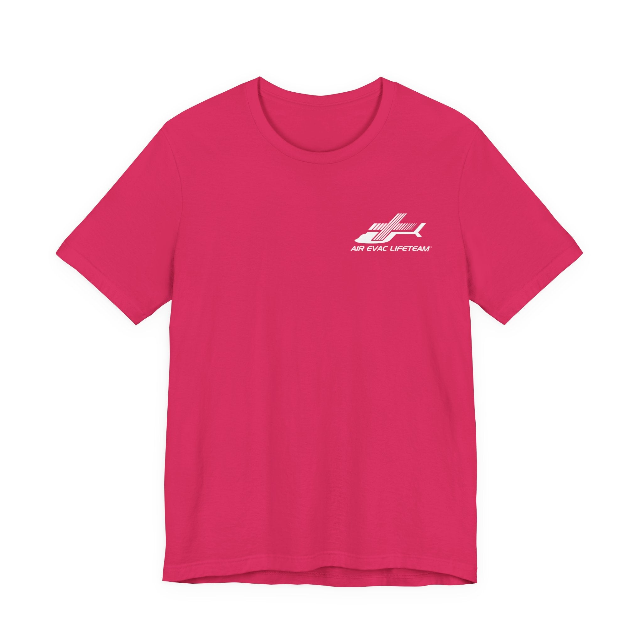 Pink t-shirt with a white Air Evac Lifeteam logo on a white background