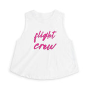 White sleeveless top with 'flight crew' text in pink by Rotor Wash & Wear