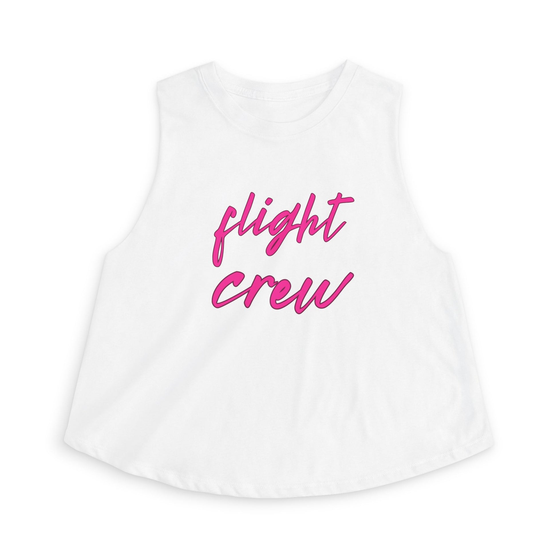 White sleeveless top with 'flight crew' text in pink by Rotor Wash & Wear