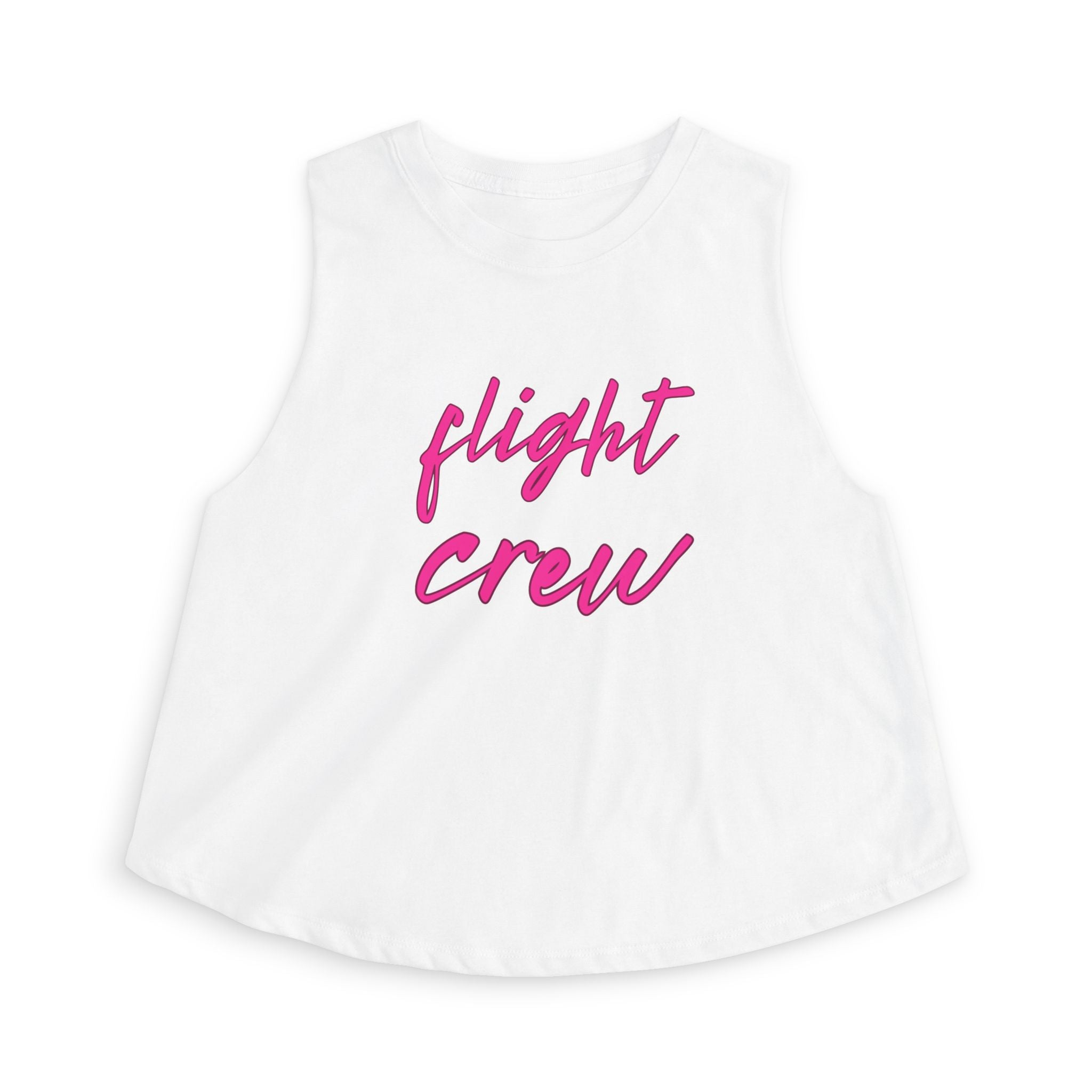 White sleeveless top with 'flight crew' text in pink by Rotor Wash & Wear
