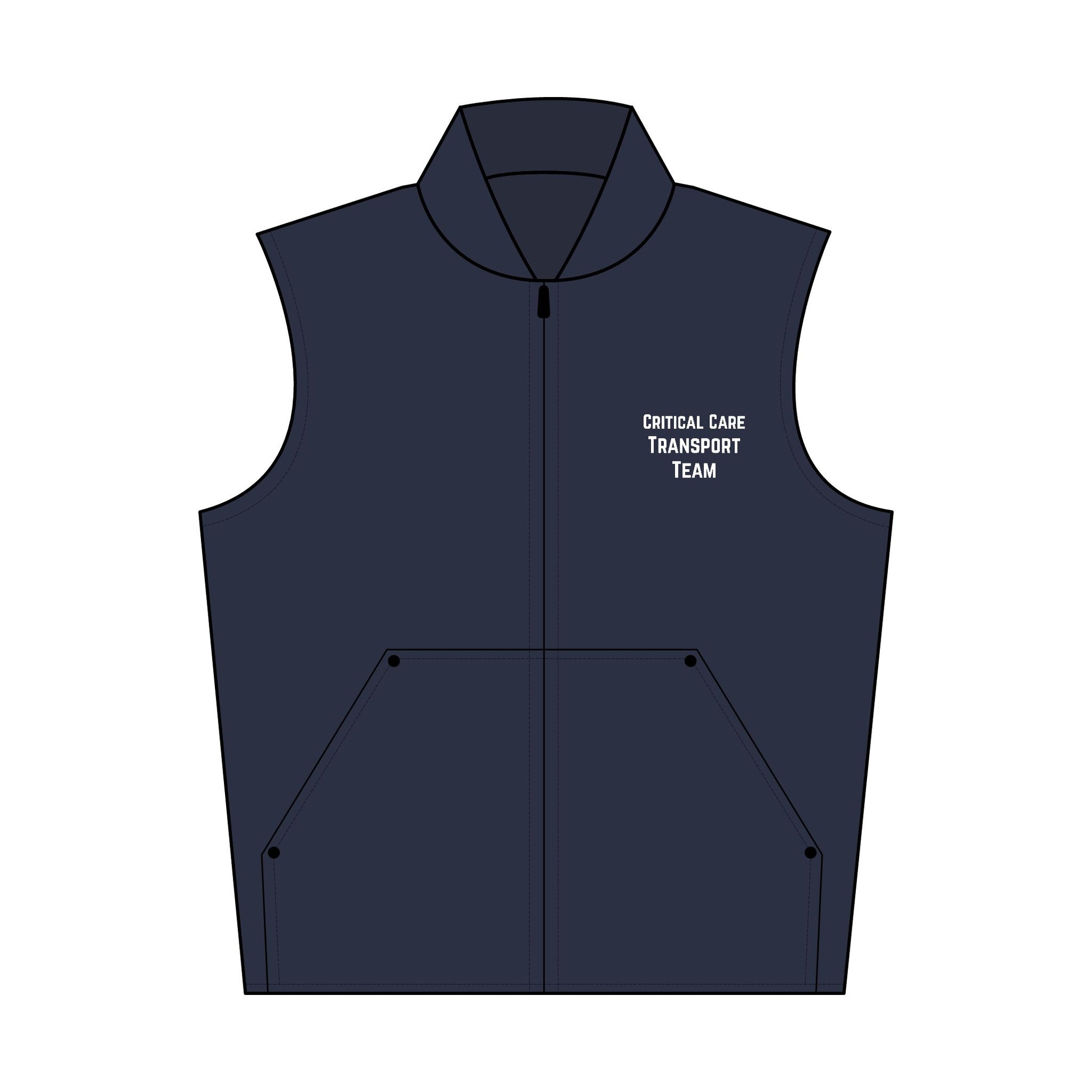 Navy blue vest with 'Critical Care Transport Team' text on a white background