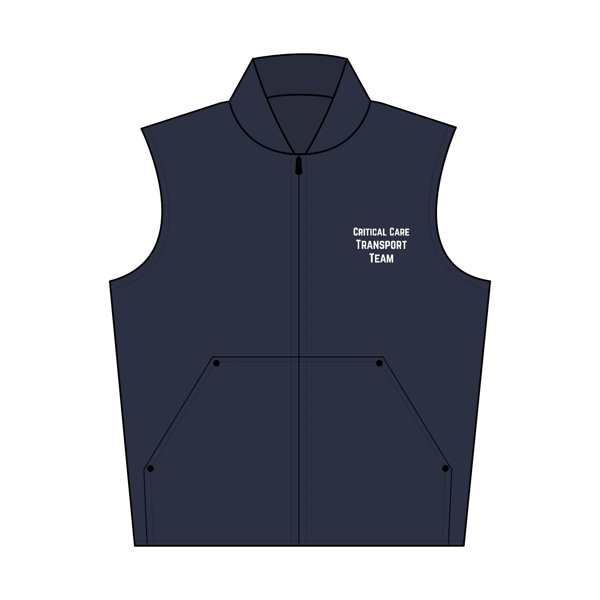 Navy blue vest with 'Critical Care Transport Team' text on a white background