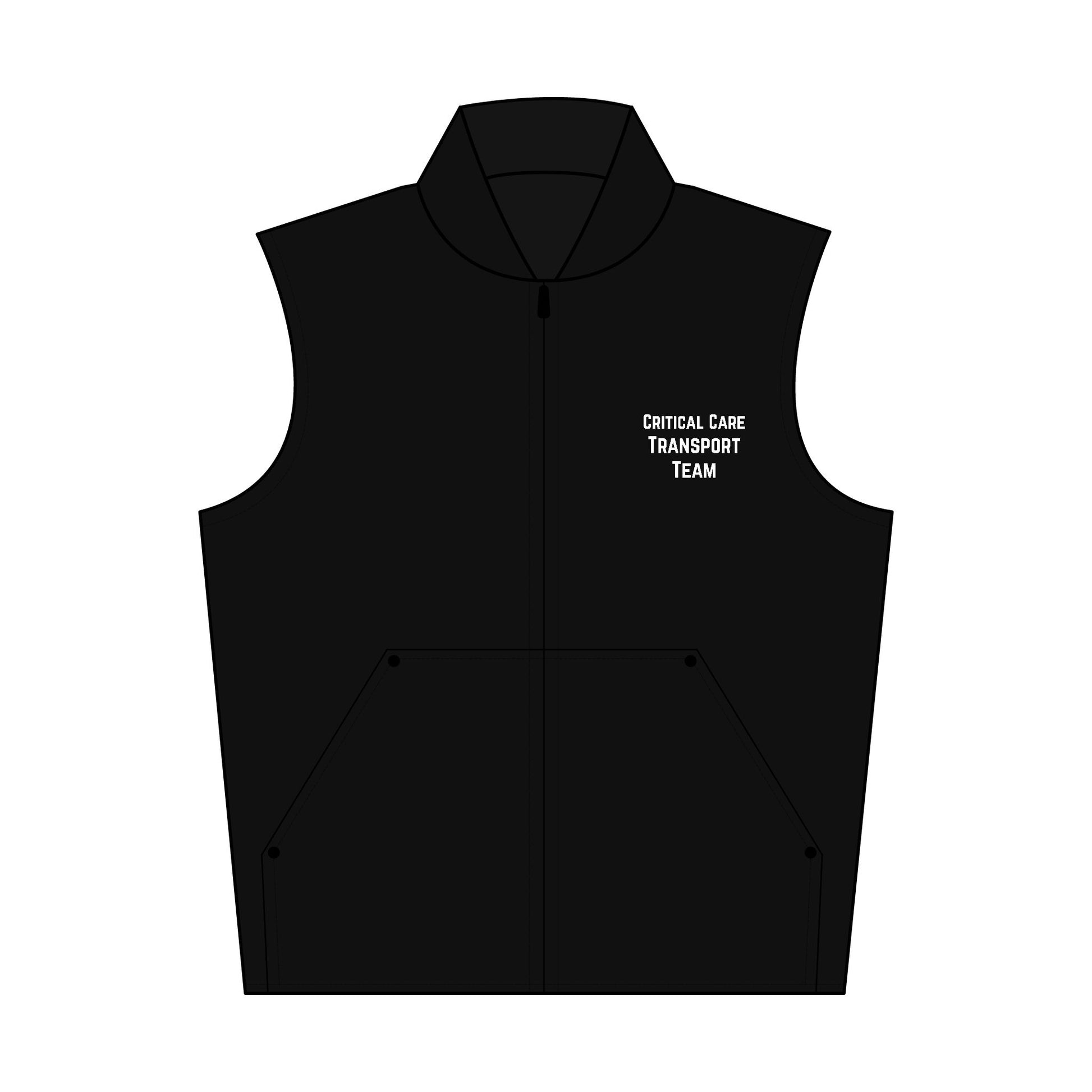 Black sleeveless vest with 'Critical Care Transport Team' text on a white background