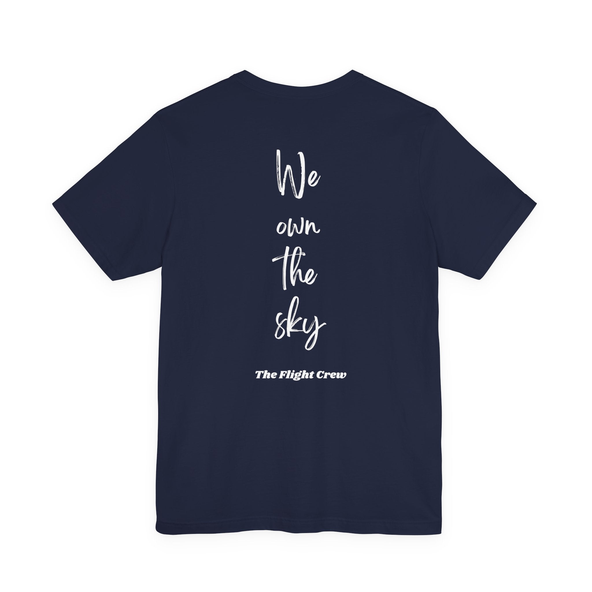 Navy t-shirt with 'We own the sky, The Flight Crew' text on the back against a white background