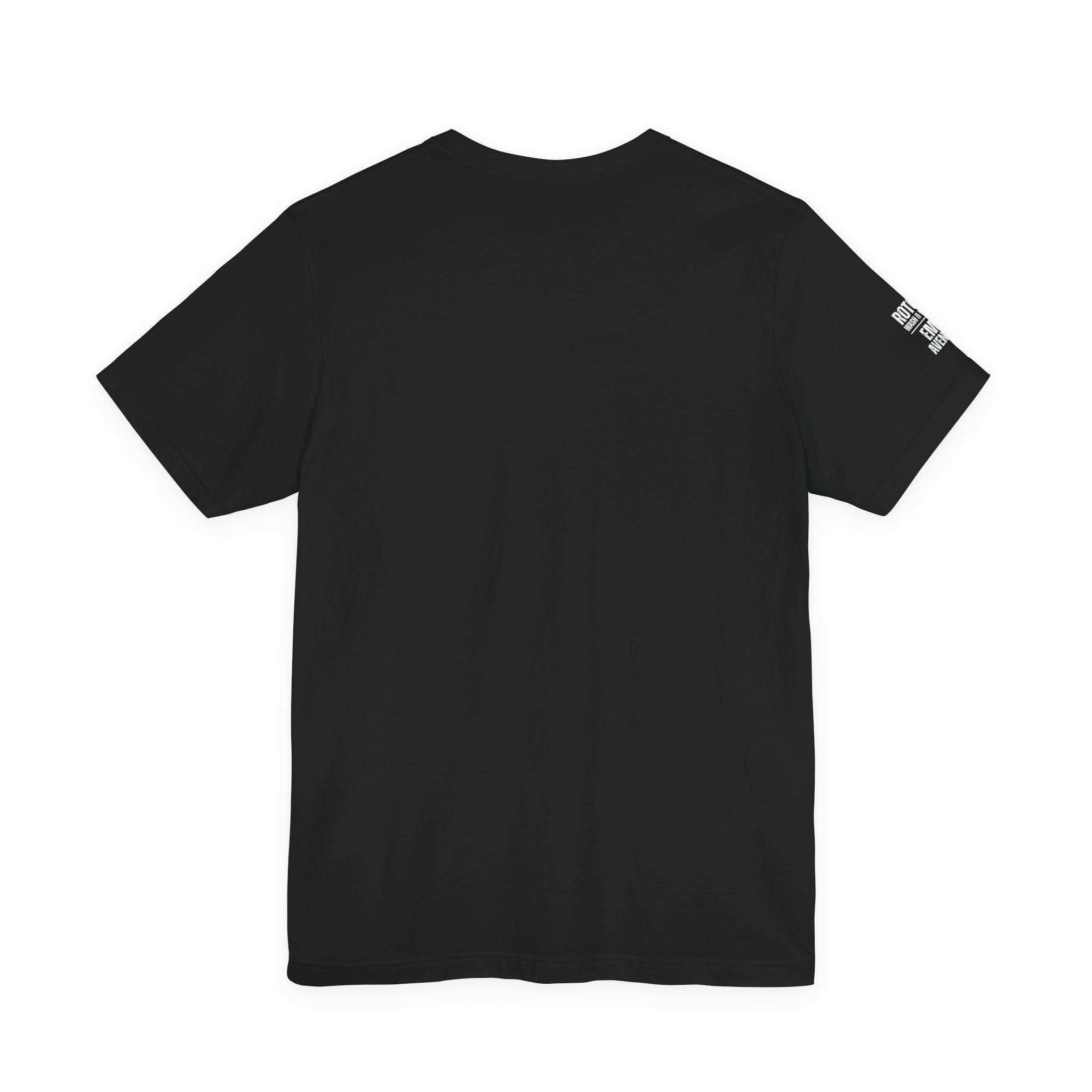 Black t-shirt with a logo on the sleeve against a white background