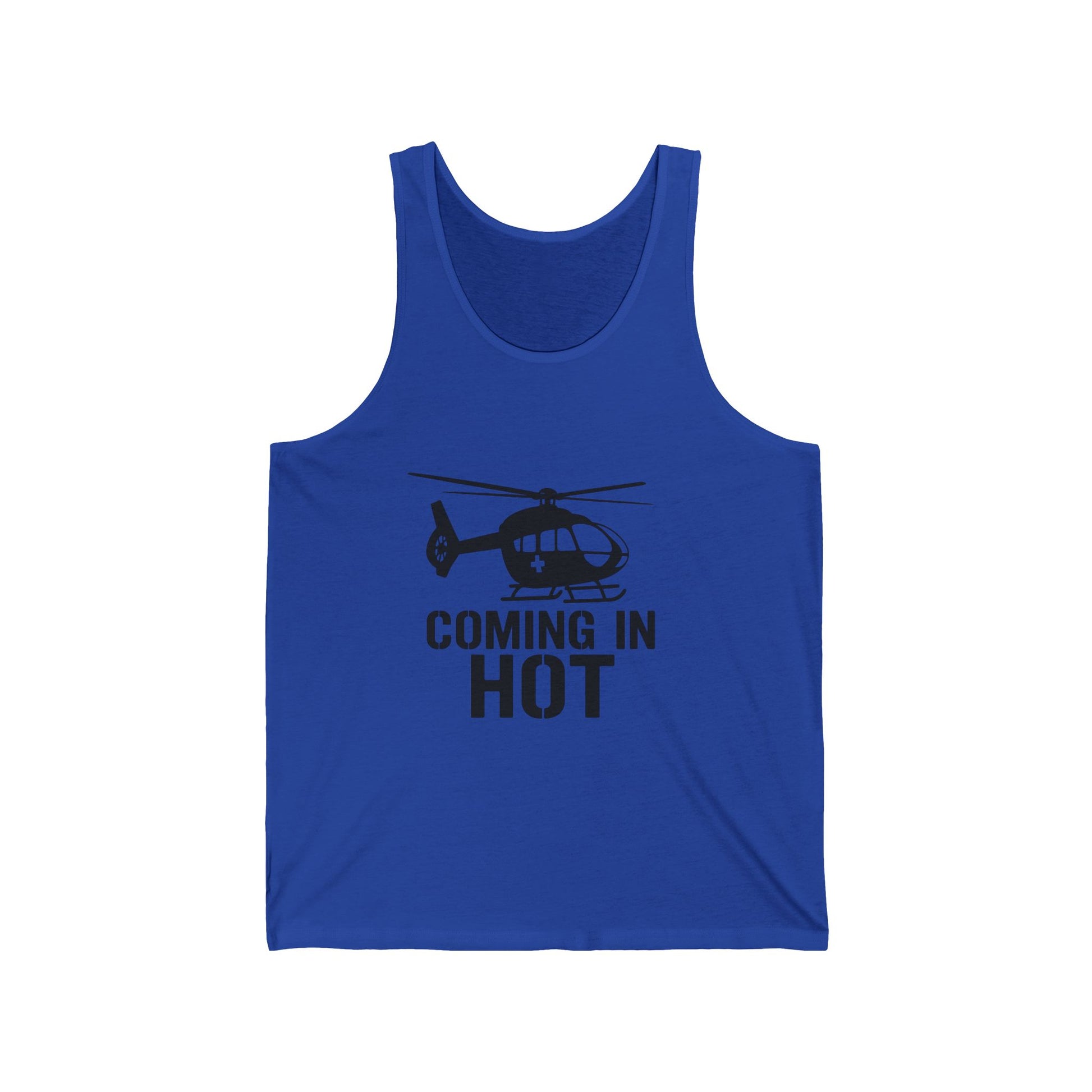 Blue tank top with helicopter graphic and text 'COMING IN HOT' on a white background