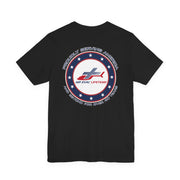 Black t-shirt with a patriotic Air Evac Lifeteam logo and text 'Proudly serving America and beyond for over 40 years' by Rotor Wash & Wear