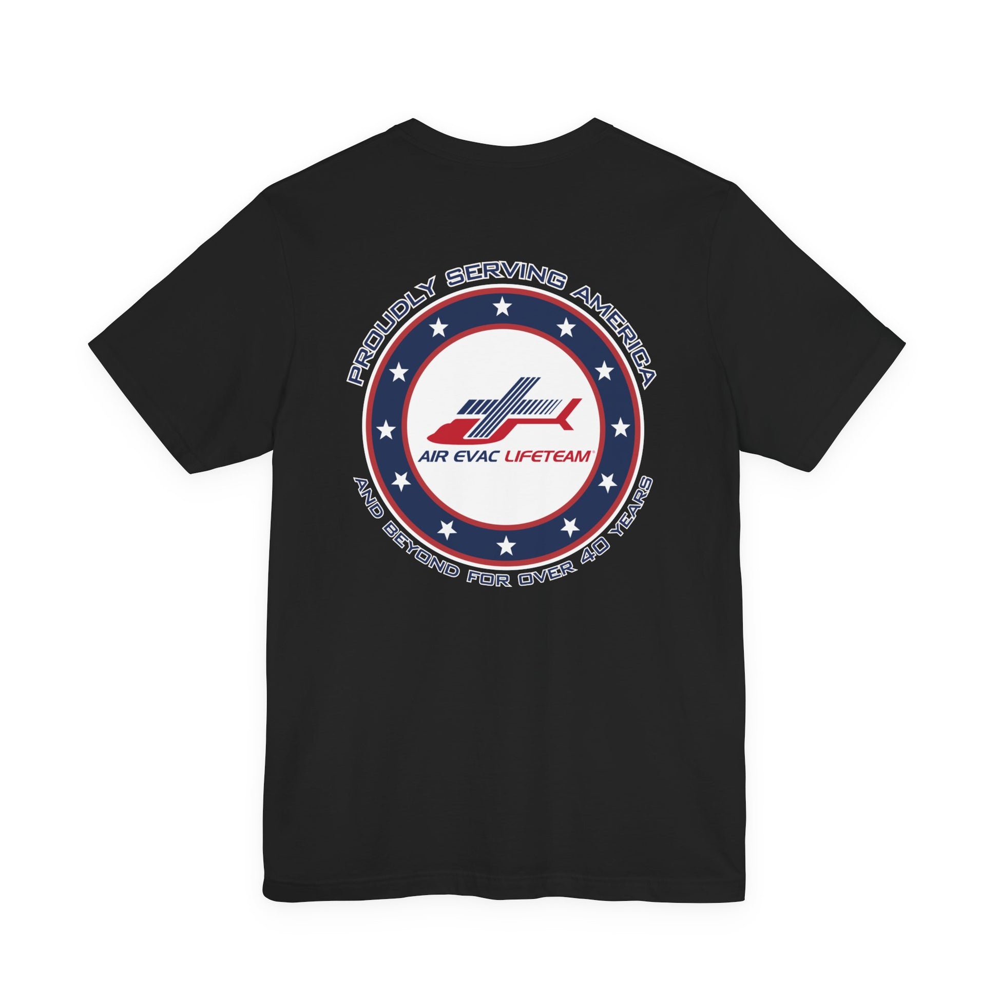 Black t-shirt with a patriotic Air Evac Lifeteam logo and text 'Proudly serving America and beyond for over 40 years' by Rotor Wash & Wear