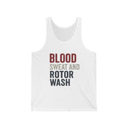 White tank top with text 'BLOOD SWEAT AND ROTOR WASH' on a white background