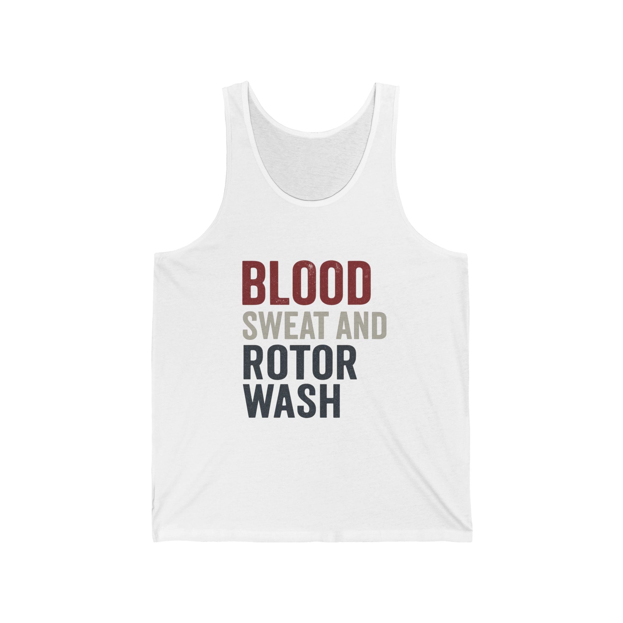 White tank top with text 'BLOOD SWEAT AND ROTOR WASH' on a white background