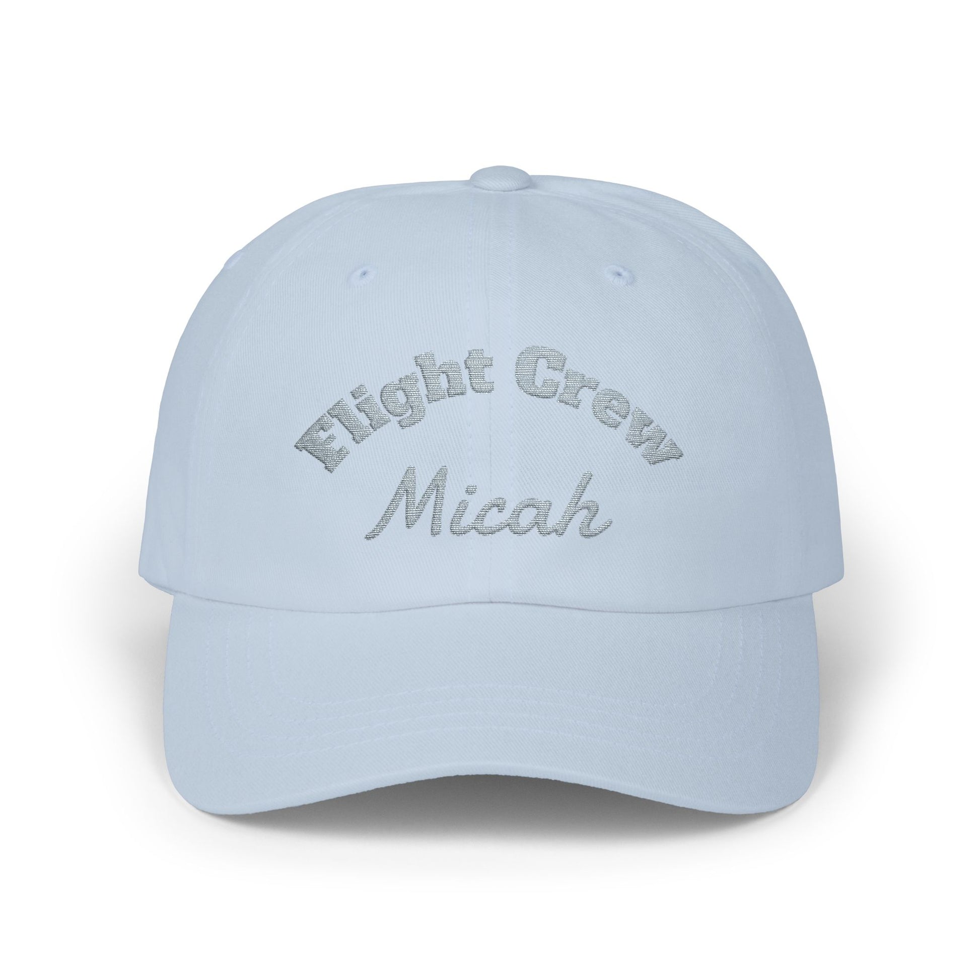 Light blue cap with 'Flight Crew Micah' text on a white background