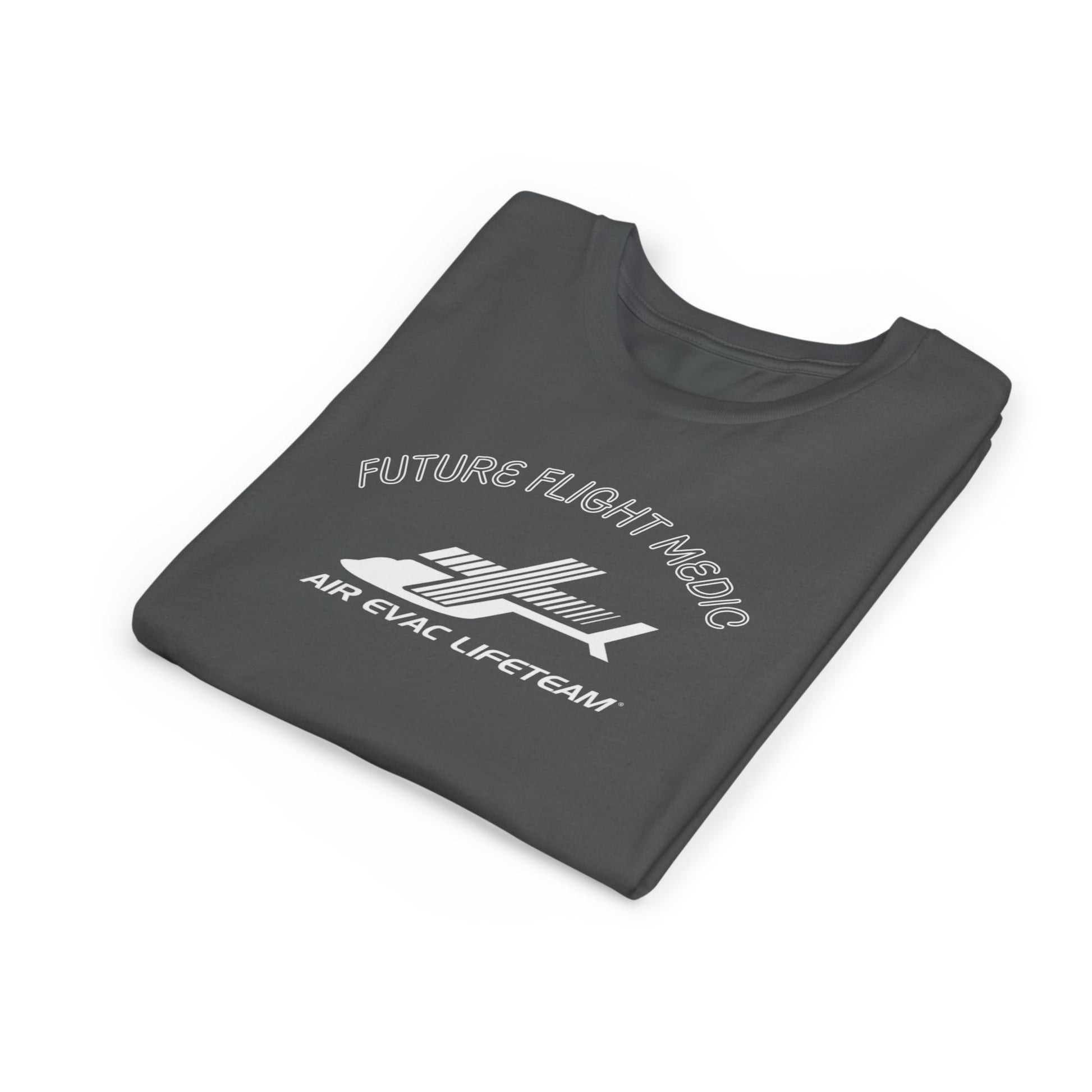 Folded gray kid's t-shirt with Air Evac Lifeteam logo and text "Future Flight Medic" by Rotor Wash & Wear