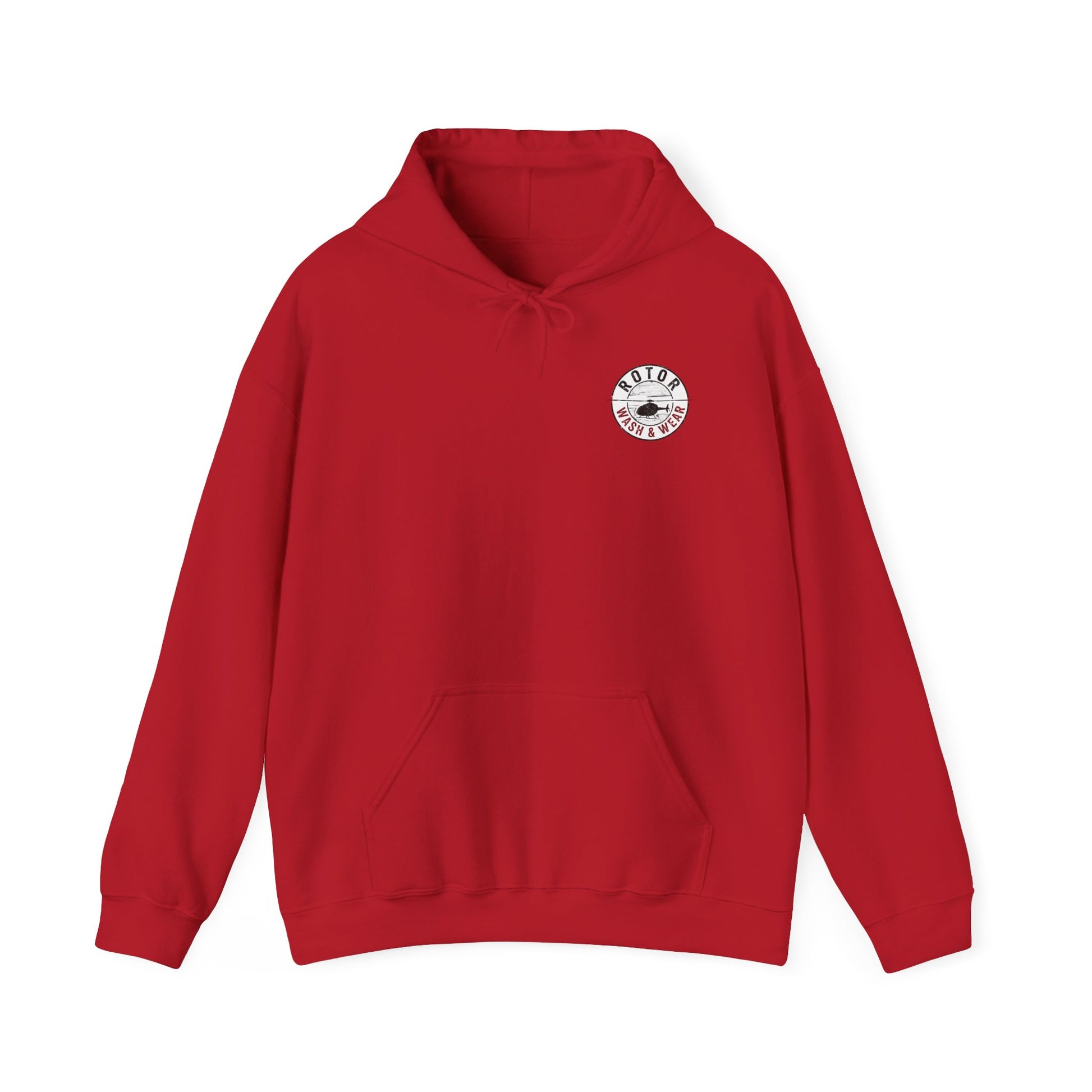 Red hoodie with a Rotor Wash & Wear logo on the chest against a white background