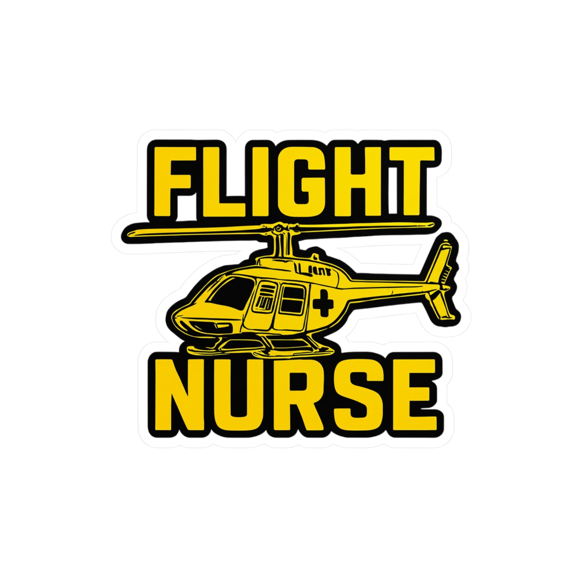 Yellow 'FLIGHT NURSE' yellow text with a helicopter graphic on a white background