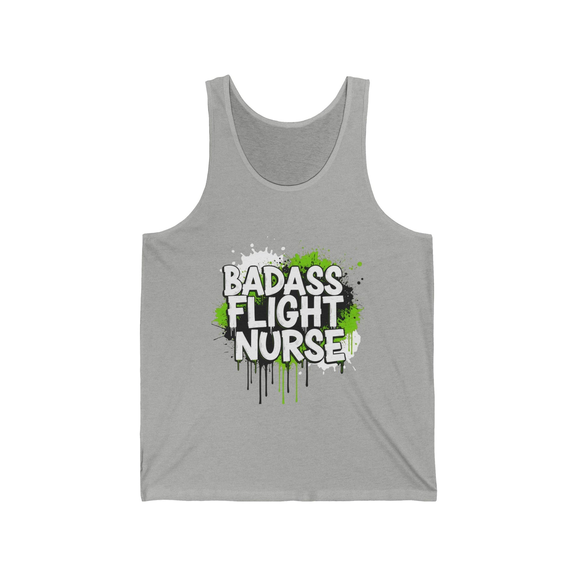 Gray tank top with 'BADASS FLIGHT NURSE' text and green splashes on a white background